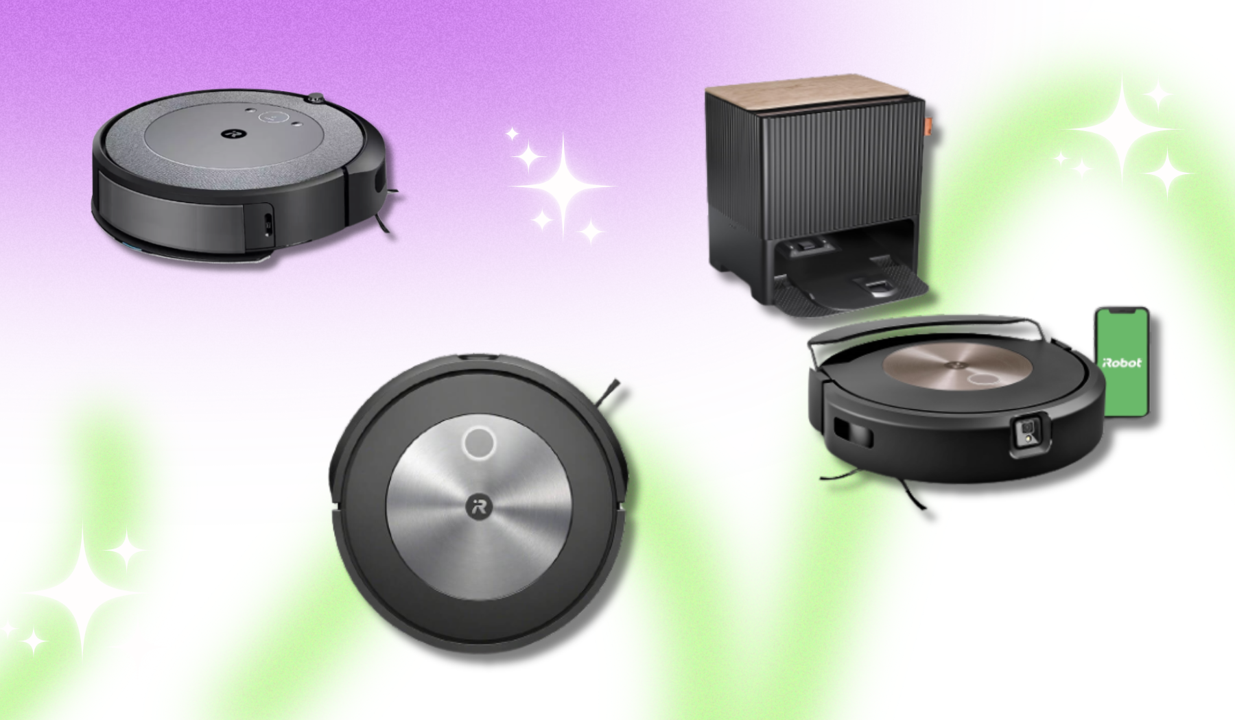 Roomba i5, Roomba j7+, and Roomba Combo j9+ with dock on purple, green, and white background with sparkles