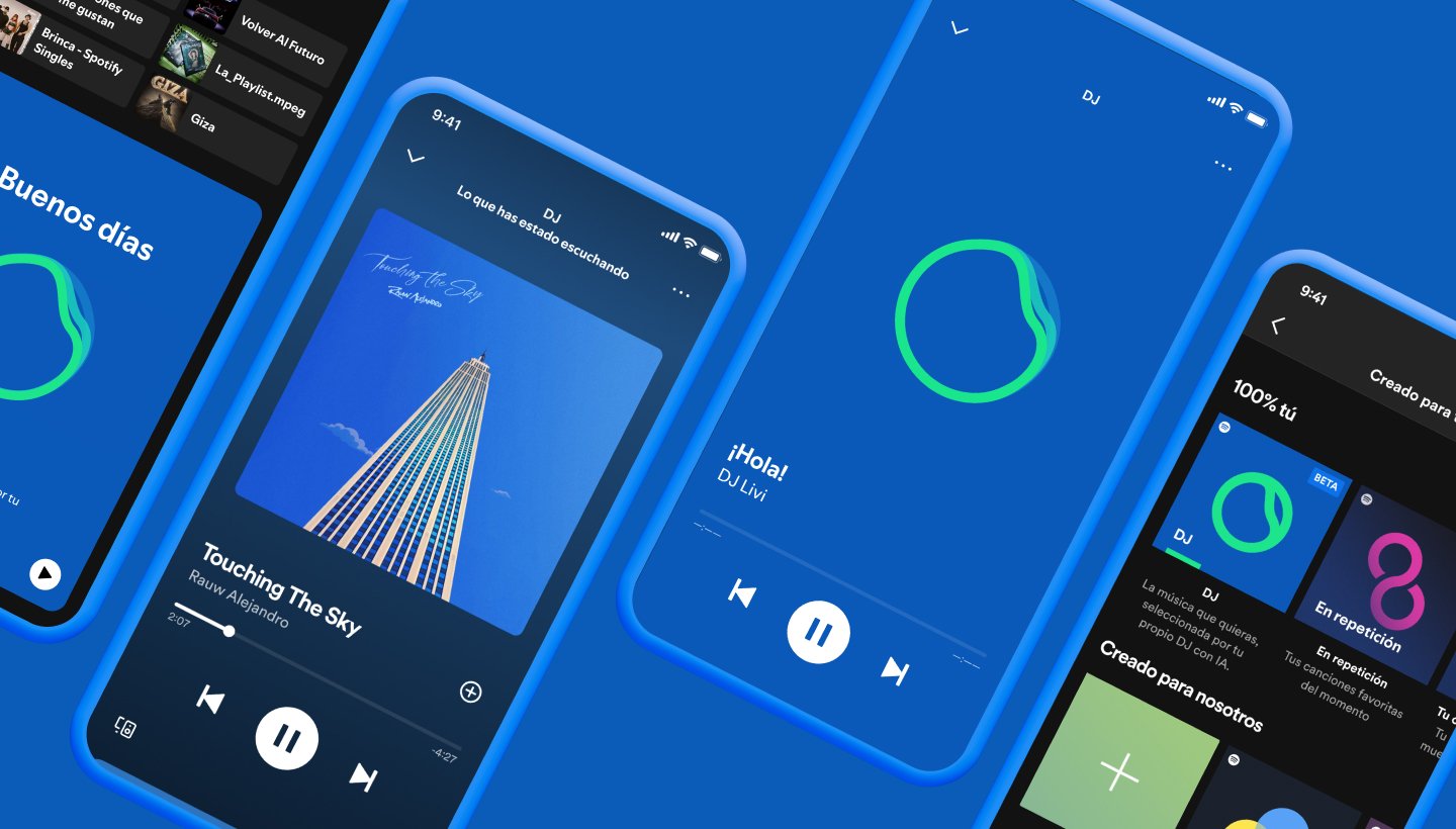 Several phone screens displaying the AI DJ functionality on Spotify.