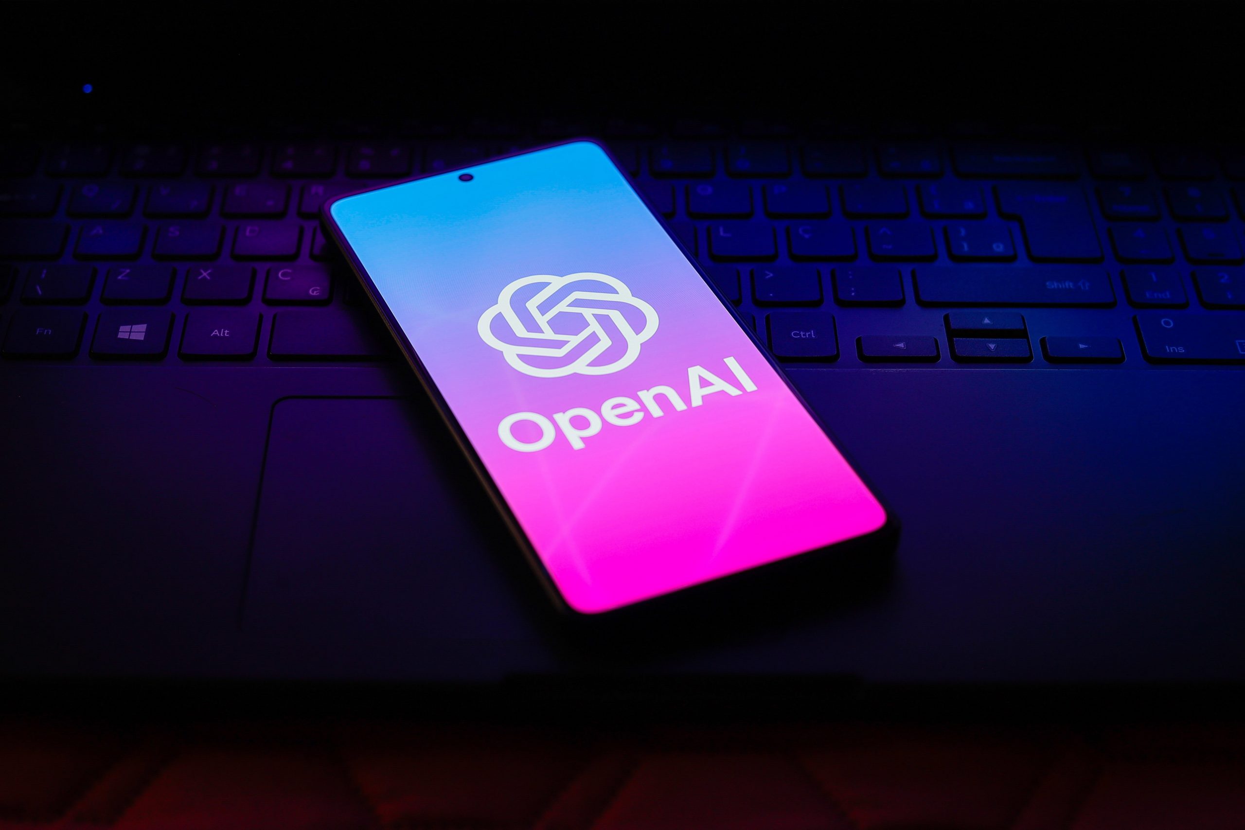 The OpenAI logo is displayed on a smartphone screen.