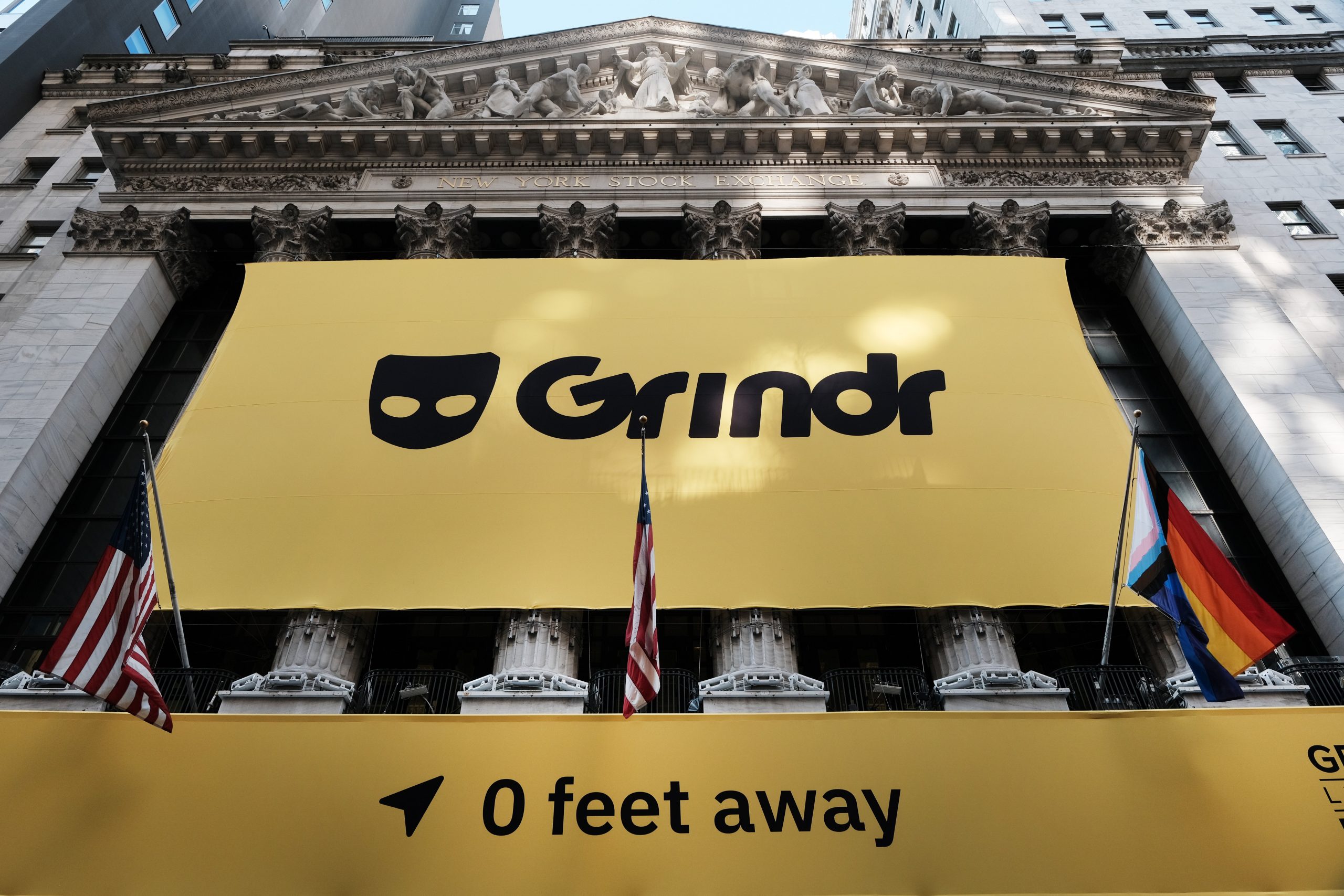 Grindr displays its banner outside of the New York Stock Exchange 