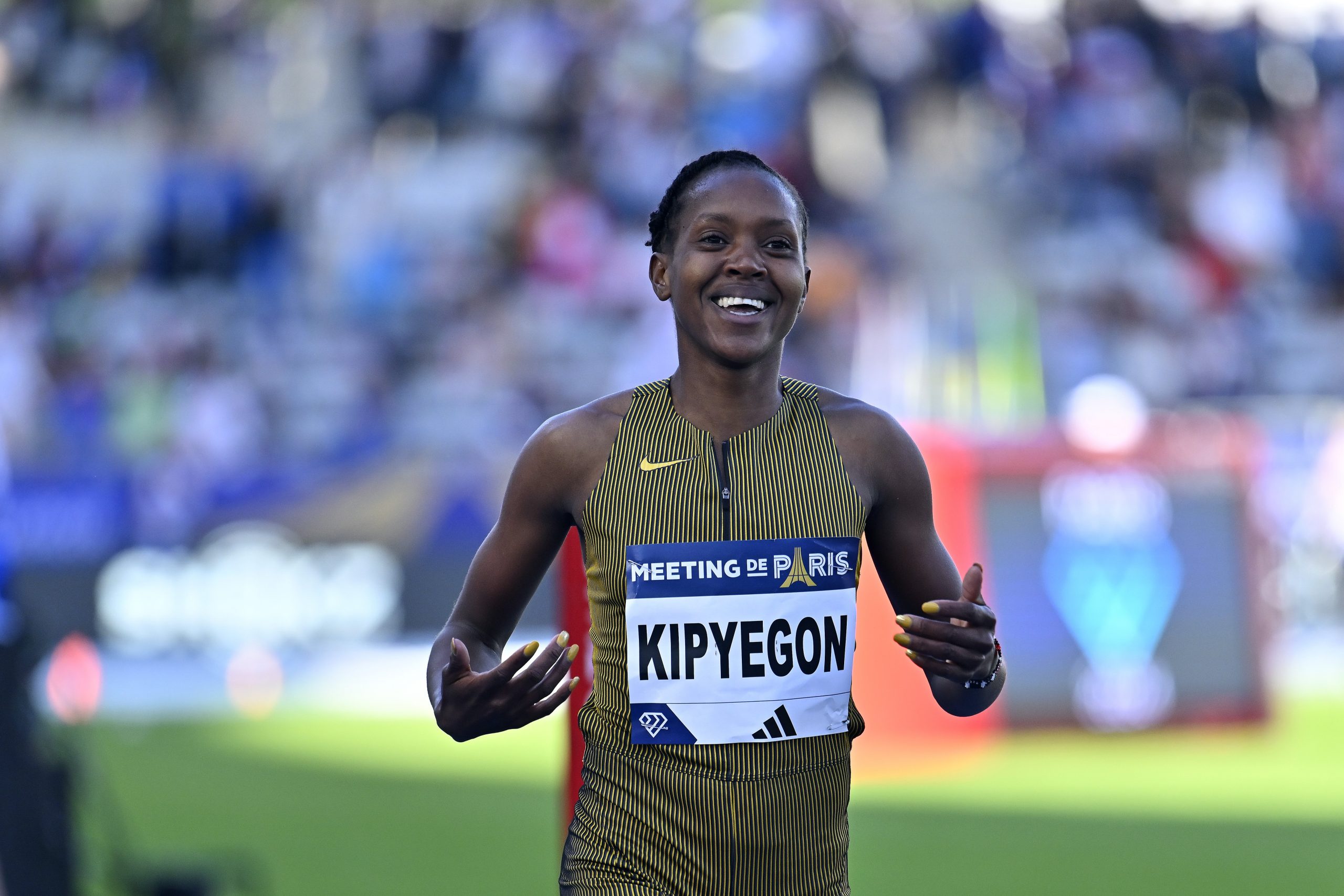 Faith Kipyegon reacts after winning the 1500m Women during the Paris 2024 Diamond League