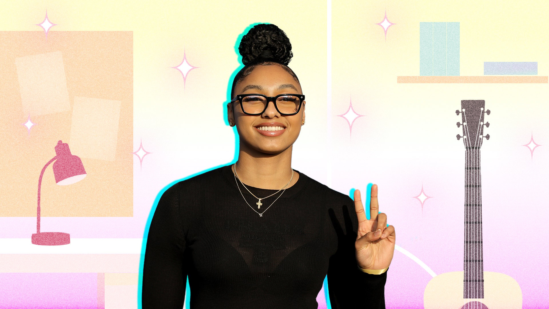 JuJu Watkins in her signature top bun and glasses, wearing a black long sleeve top. Behind her is an illustration of a desk and a guitar.