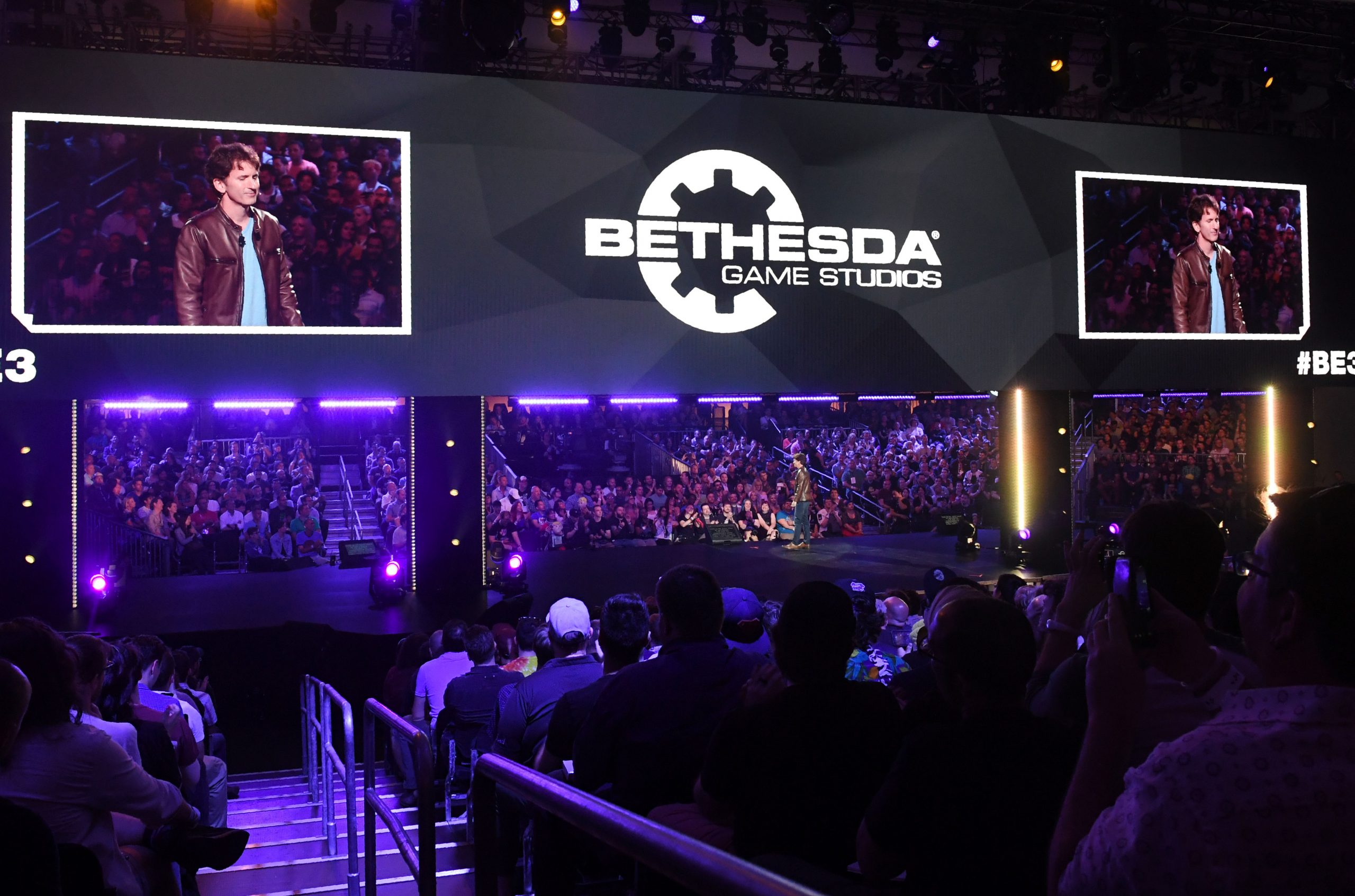 The director and executive producer at Bethesda Game Studios, Todd Howard, addresses the crowd during the Bethesda E3 conference at LA Live