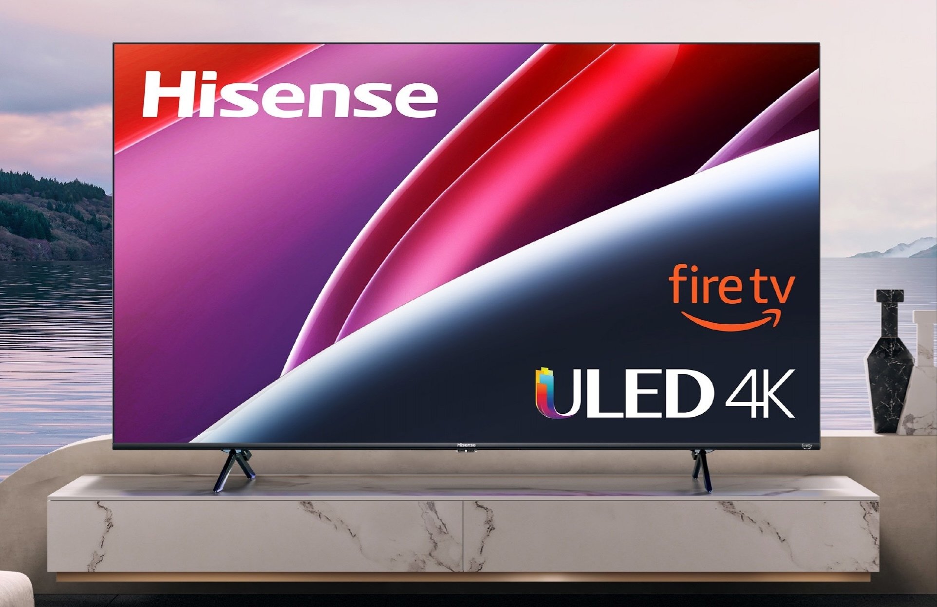 Hisense 50-Inch Class U6HF Series ULED 4K UHD with FireTV logo on a marble TV unit