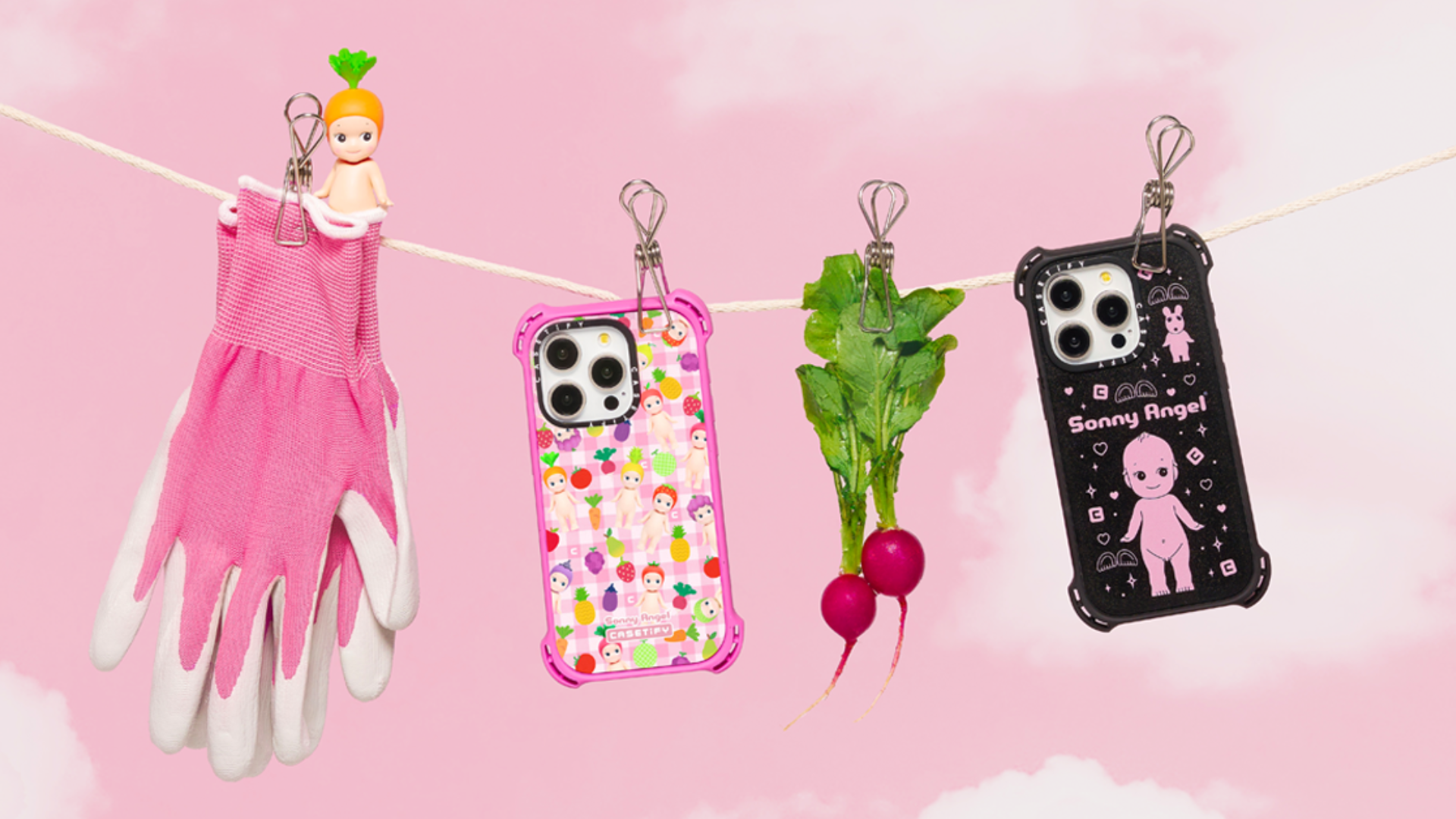 Two Sonny Angel x Casetify cases hang on a clothing line next to a pair of radishes and a set of pink gardening gloves.