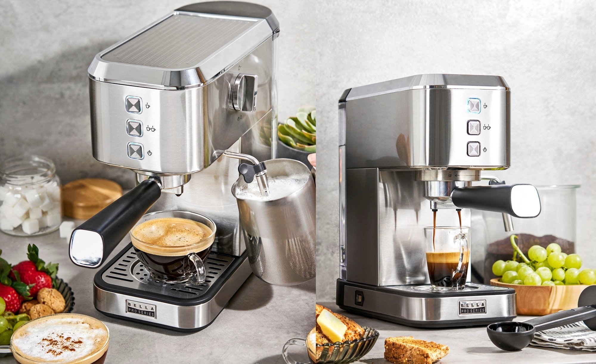 Bella Pro Series Slim Espresso Machine on table top, two images next to each other