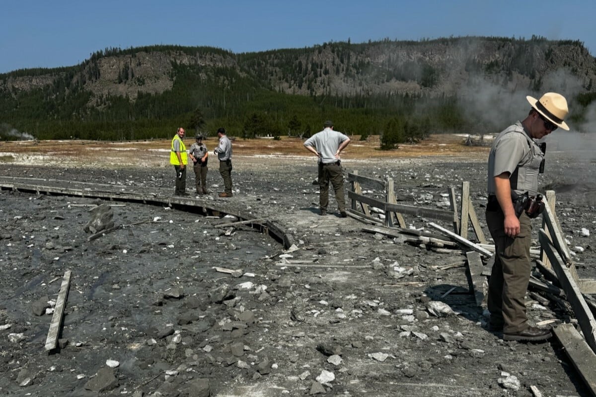 Park rangers assessing damage from the hydrothermal explosion in Yellowstone National Park.