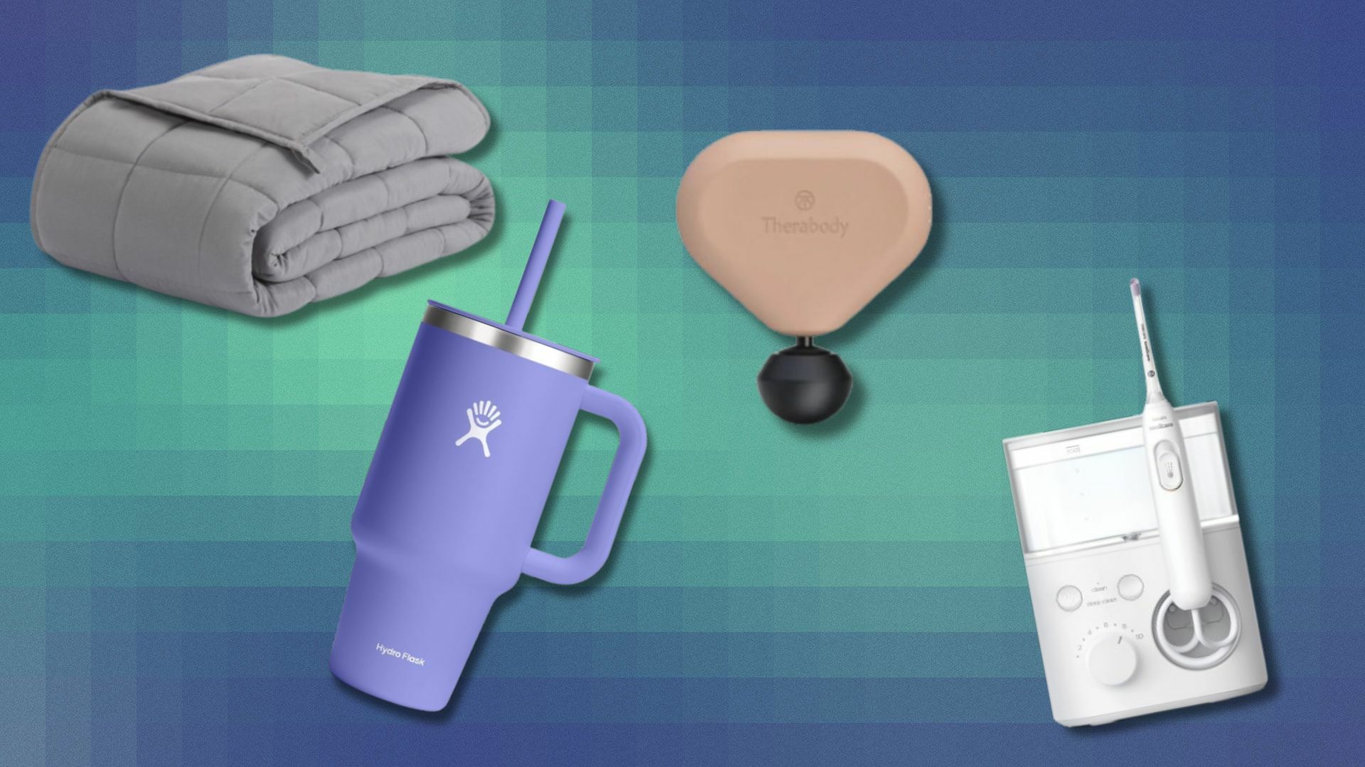 a weighted blanket, water bottle, massage percussion device, and a water flosser on a green and blue pixelated background