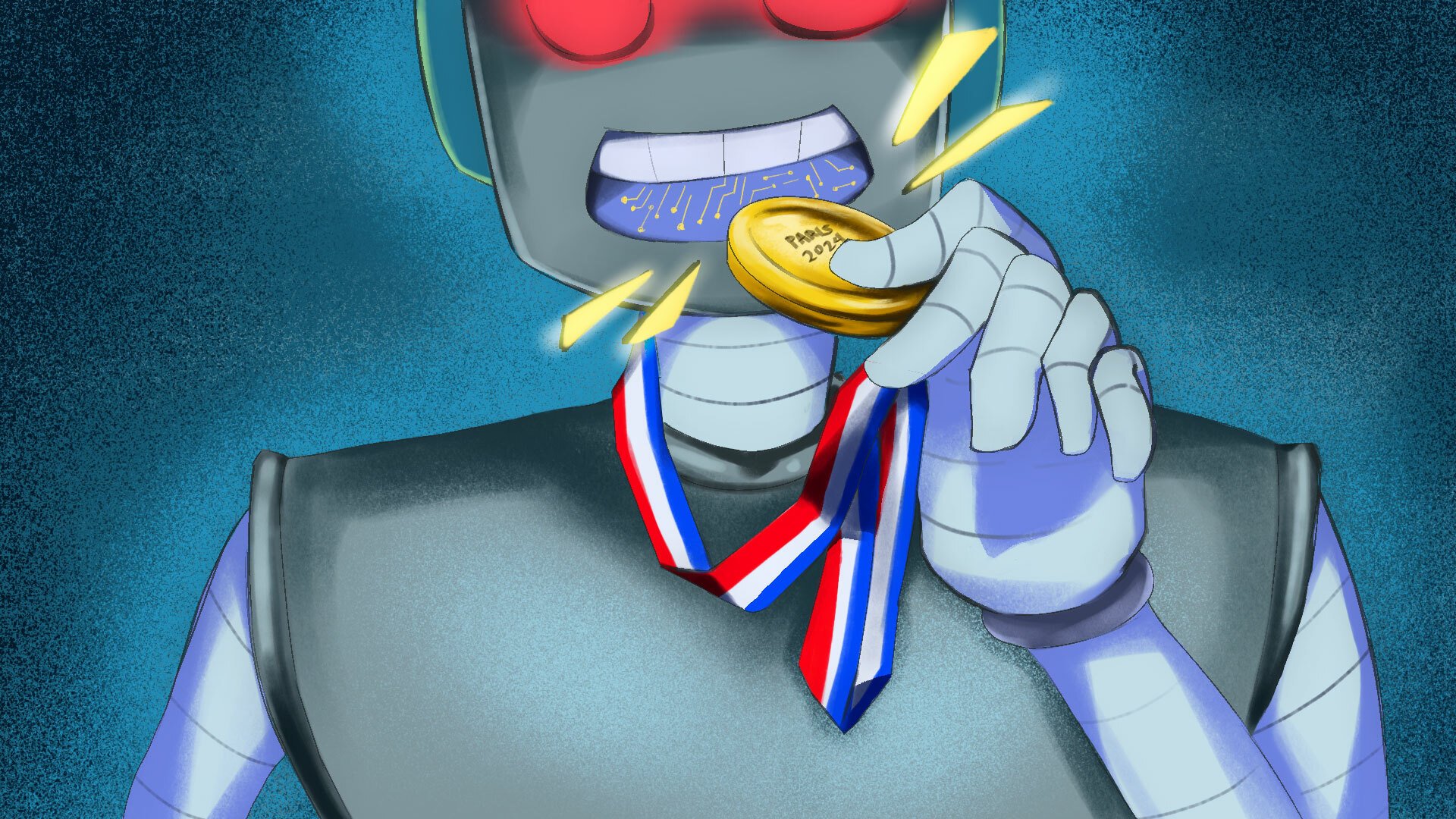 An illustration of a Robot biting into a gold medal. 