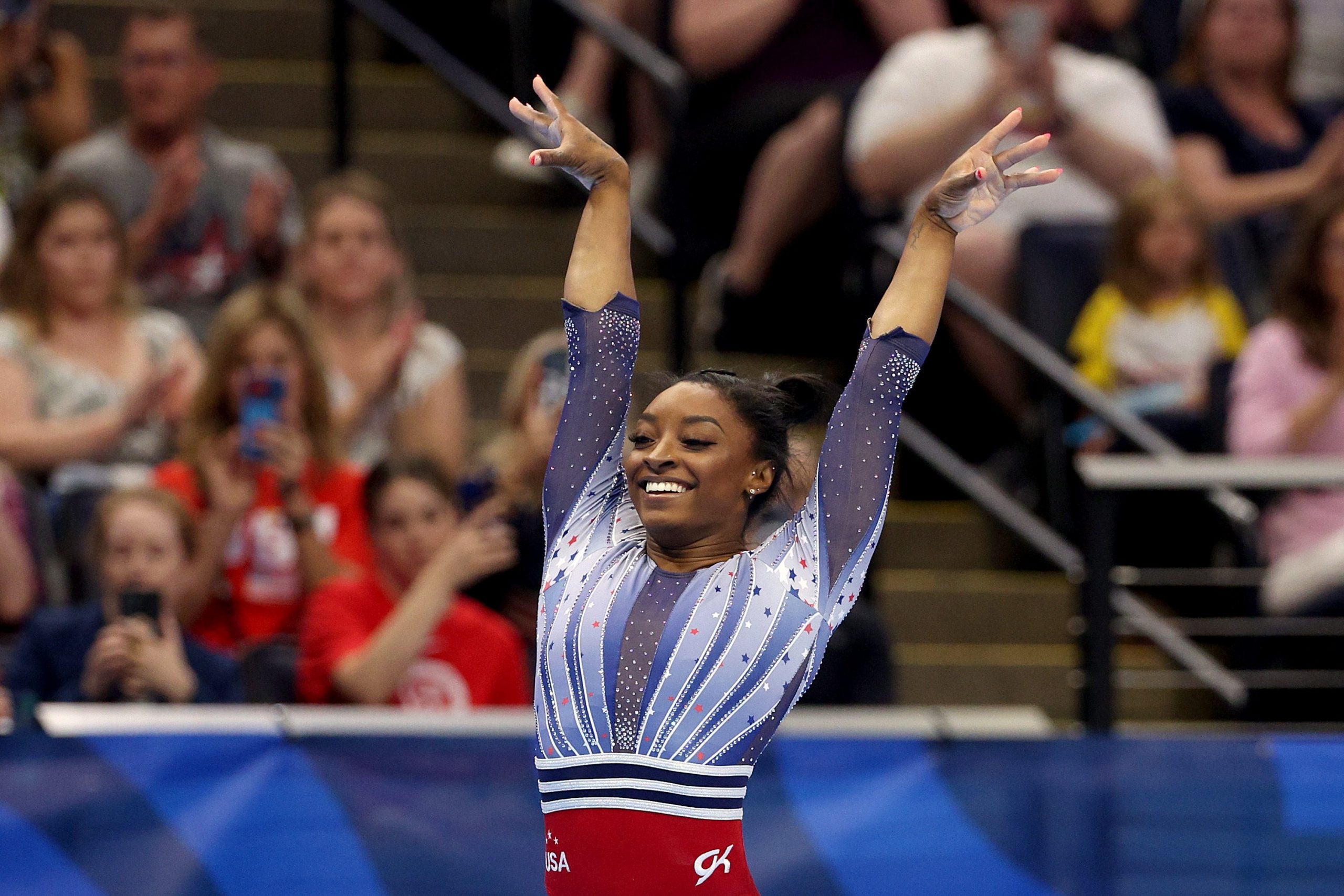 Simone Biles competes in the floor exercise on Day Two of the 2024 U.S. Olympic Team Gymnastics Trials