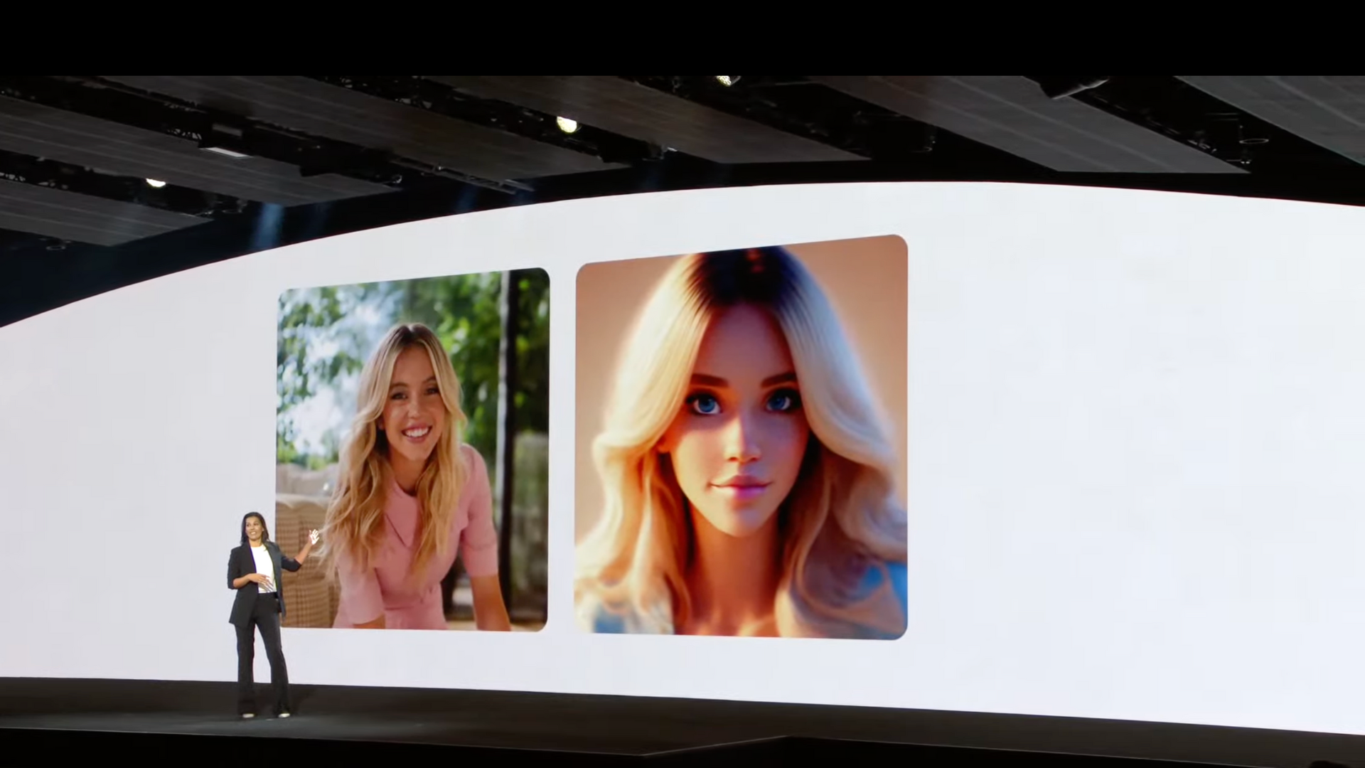 A picture from the Samsung event stage, with a screen in the background displaying Sydney Sweeney and a digital avatar of the actress.