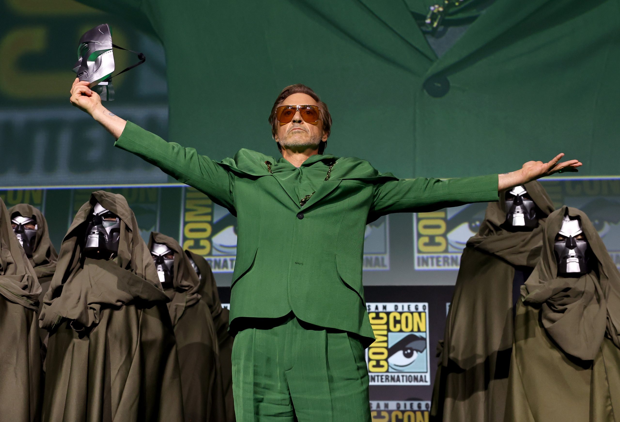 Robert Downey Jr. speaks onstage during the Marvel Studios Panel in Hall H at SDCC