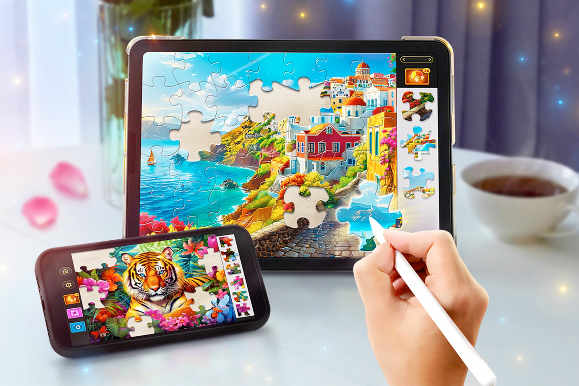 Person playing puzzle game on tablet