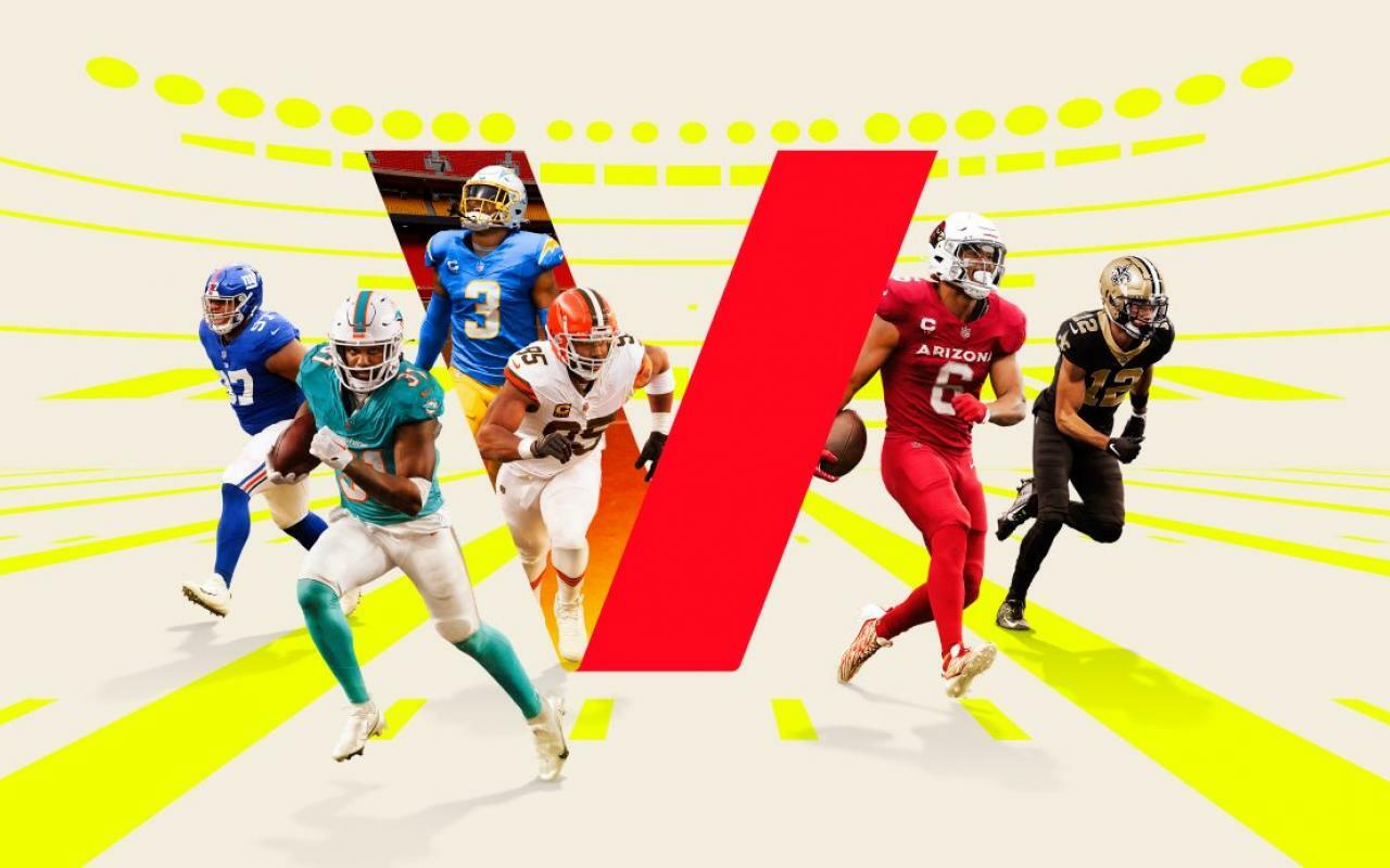 Six NFL football players in composite with large Verizon logo with yellow stripes in background