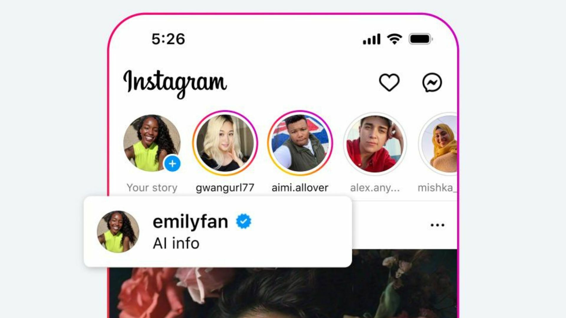 A still of the Instagram app with an AI label.