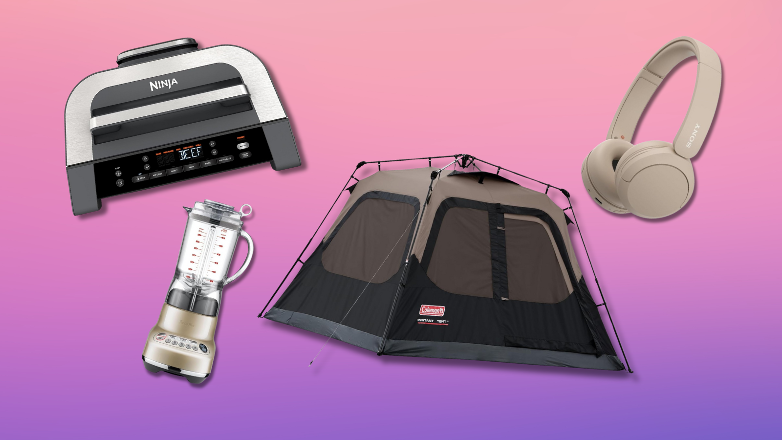 NInja indoor grill, Coleman camping tent, Breville blender, and Sony headphones with pink and purple gradient background