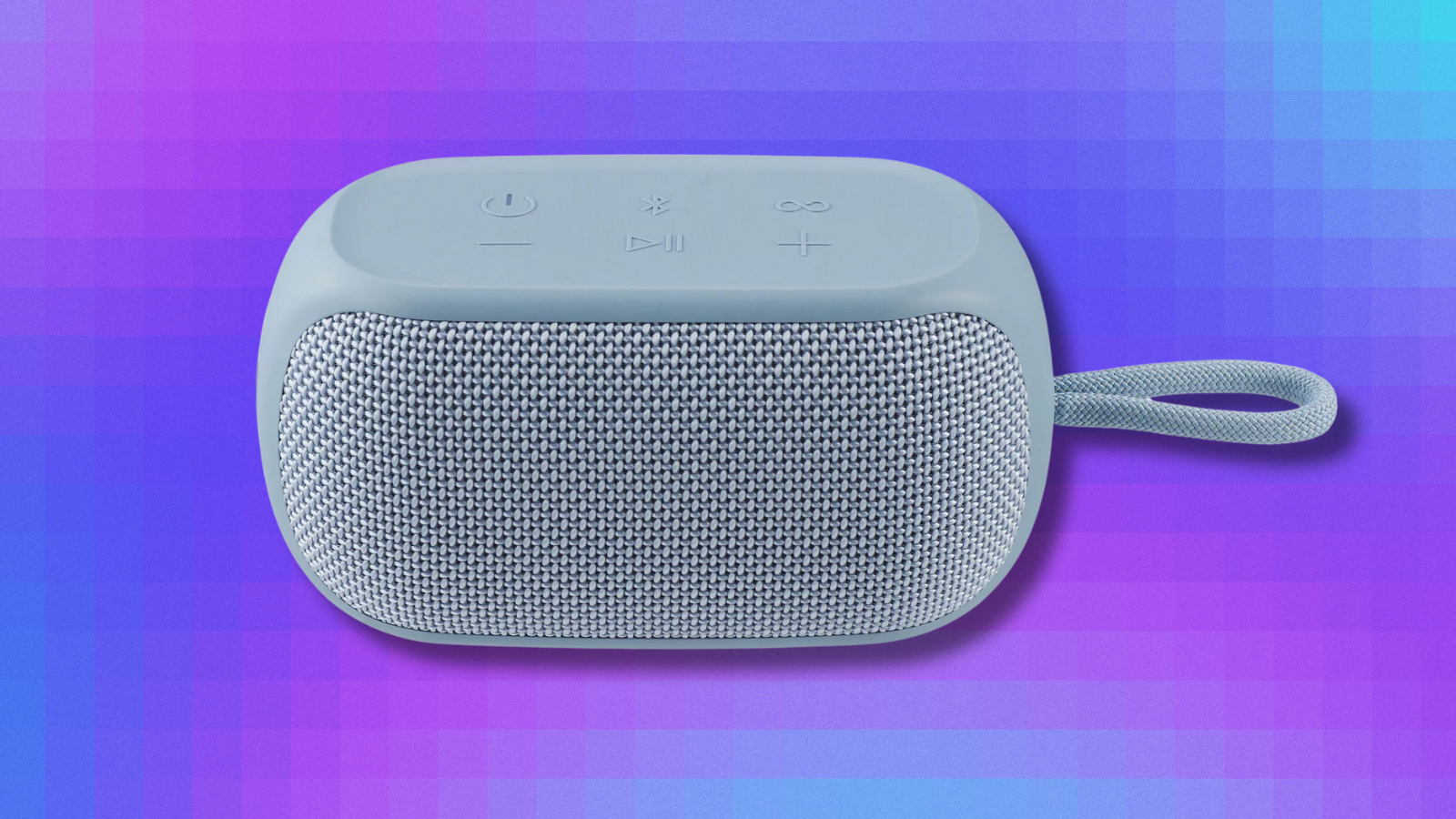 onn Small Rugged Speaker on purple and blue abstract background