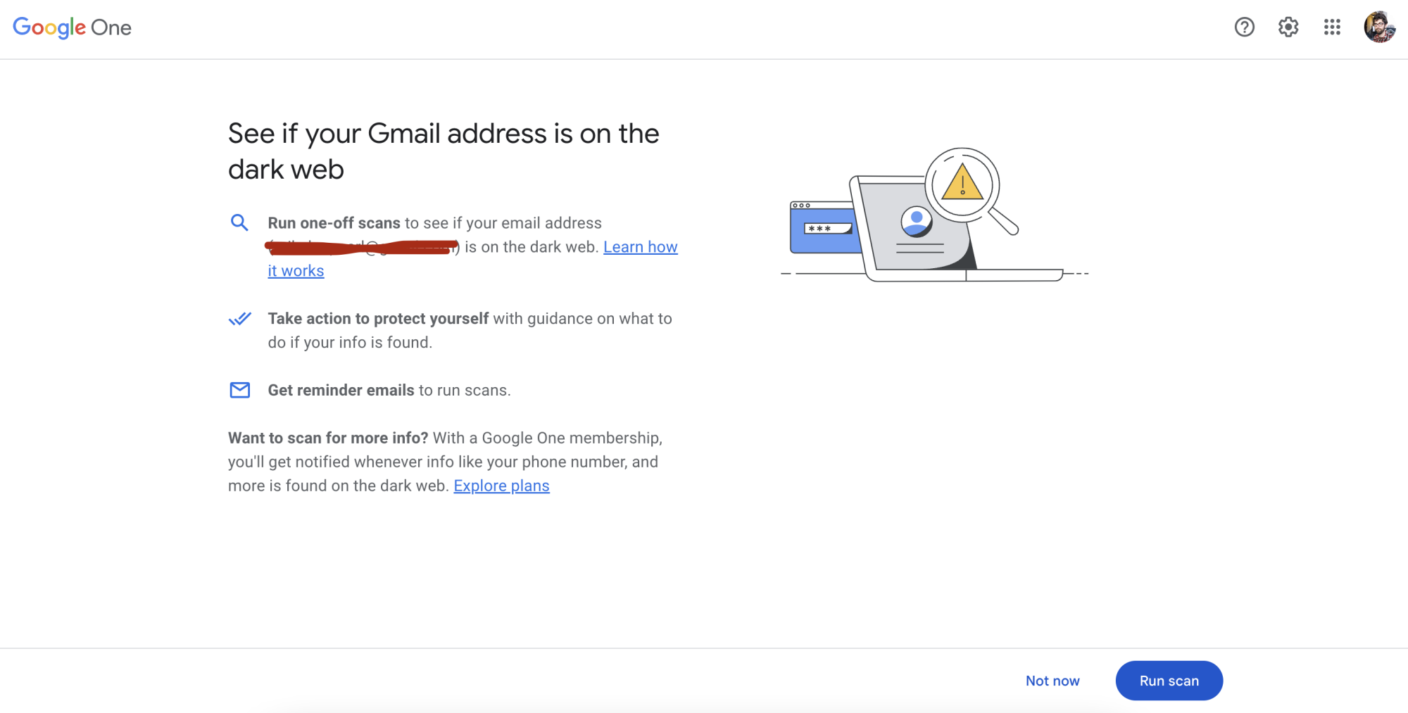 A page urging the user to 'See if your Gmail address is on the dark web'