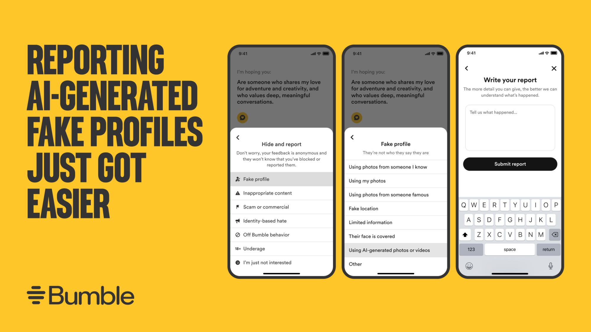 screenshots of reporting AI-generated profiles on Bumble