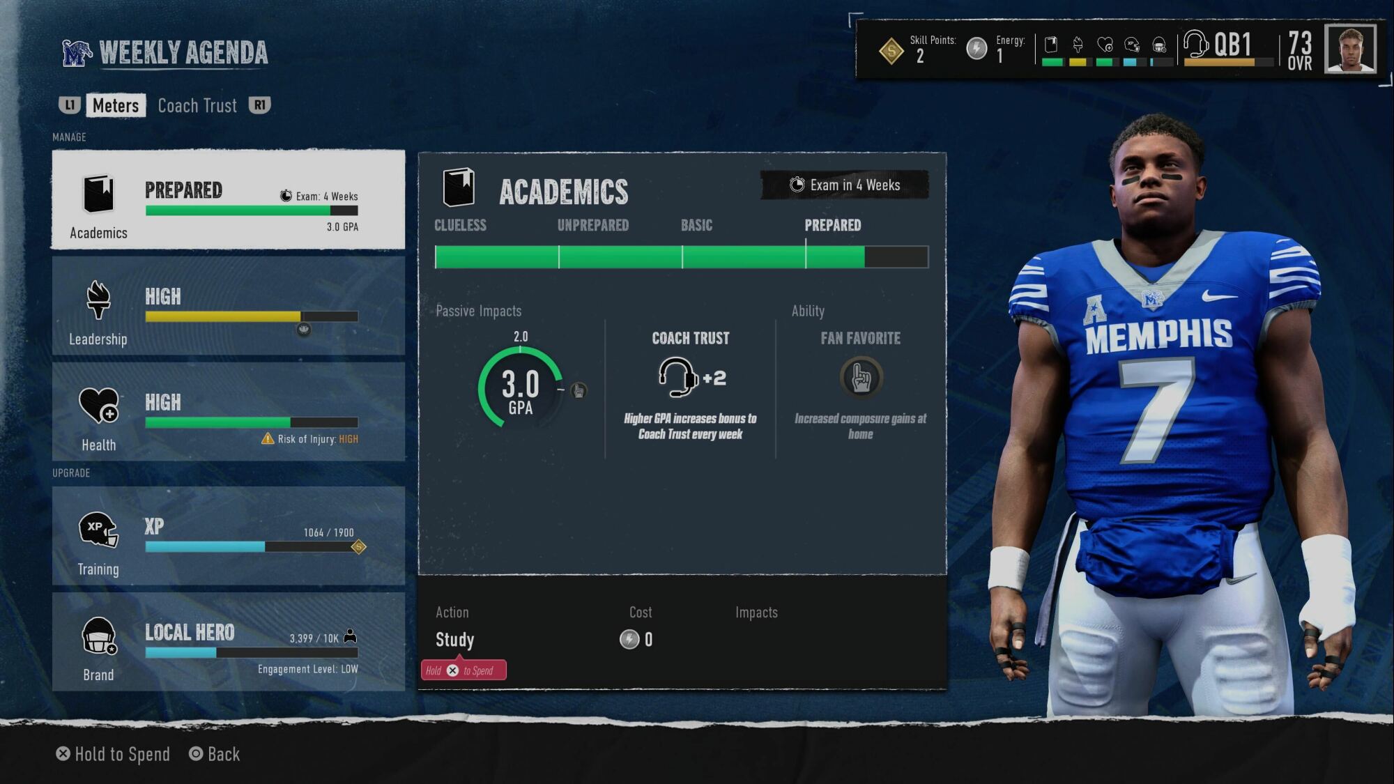 Screenshot of a sports video game featuring a player from Memphis. The interface shows a "Weekly Agenda" with details on Academics, Leadership, Health, Training, and Brand. The player has a 3.0 GPA, high leadership and health, and is a "Local Hero." The character on the right wears a blue Memphis jersey with number 7.