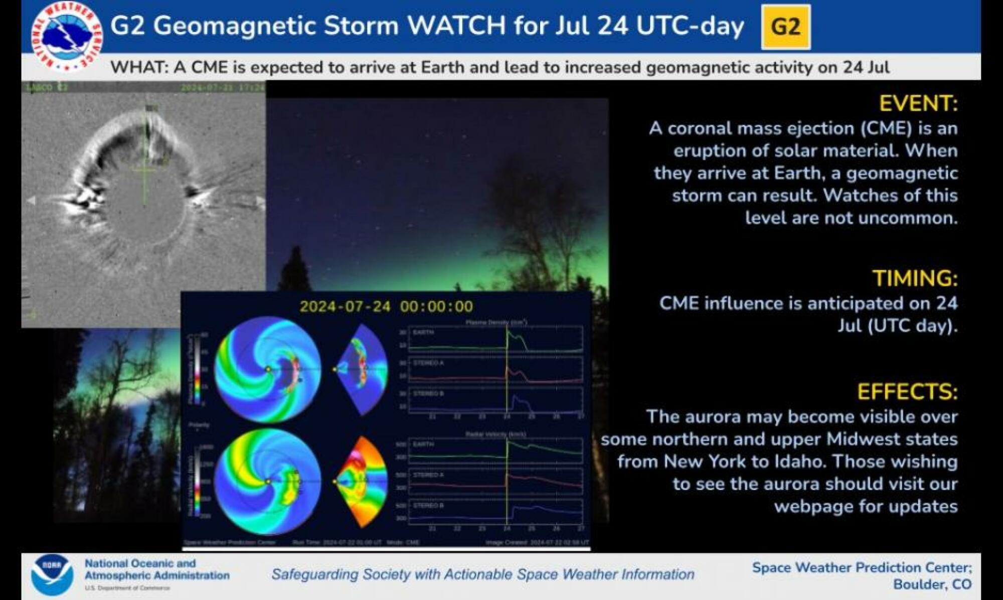 A graphic from the Space Weather Prediction Center announcing the expected geomagnetic storm on July 24, 2024.