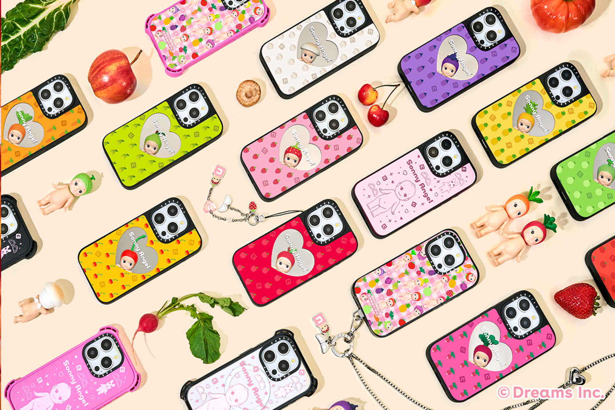 Cases and accessories from the Sonny Angel x Casetify collection, laid flat.