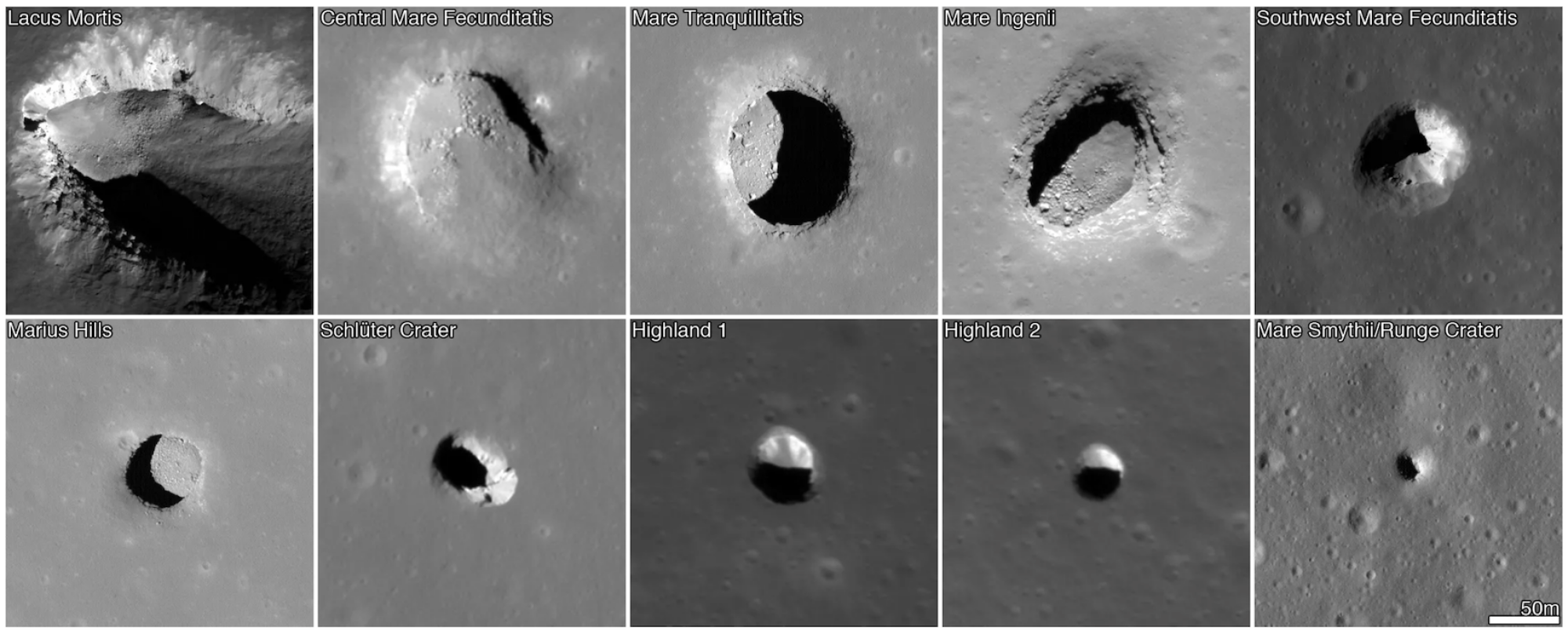 Different pits observed by NASA's Lunar Reconnaissance Orbiter. The middle pit in the top row, labeled for the region "Mare Tranquillitatis," leads to the recently identified cave.