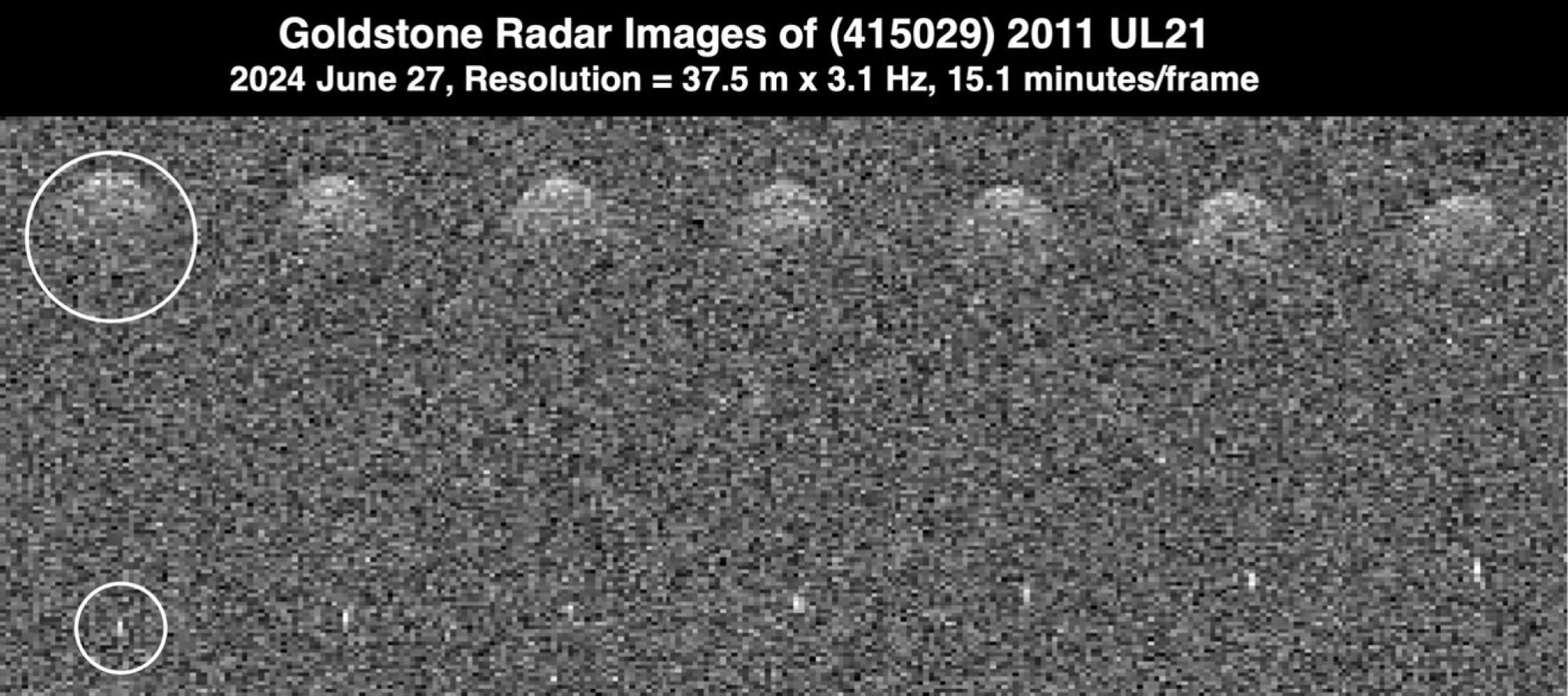 Asteroid 2011 UL21 and its moonlet, as captured by the Goldstone Solar System Radar.