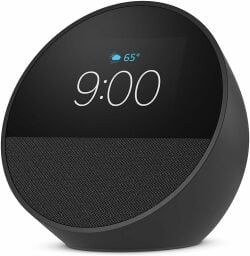 the amazon echo spot in a black colorway on a white background