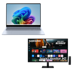 Samsung Galaxy Book 4 Edge with 43-inch Smart Monitor on white background