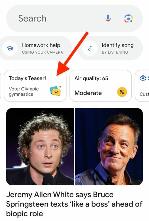 google app screenshot showing widget for daily teaser with arrow