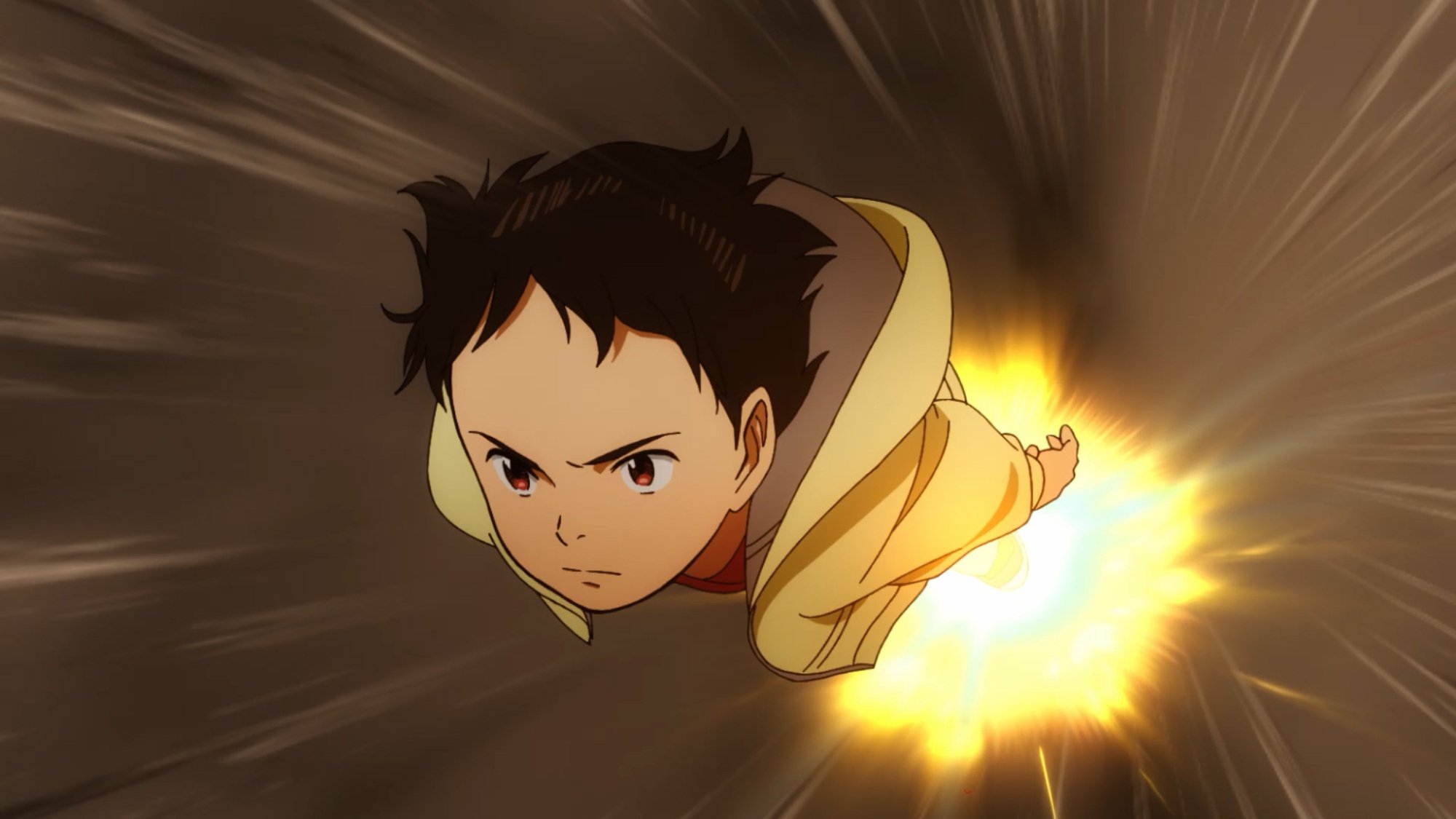 A boy flies through the air with an intense expression, fire behind him.