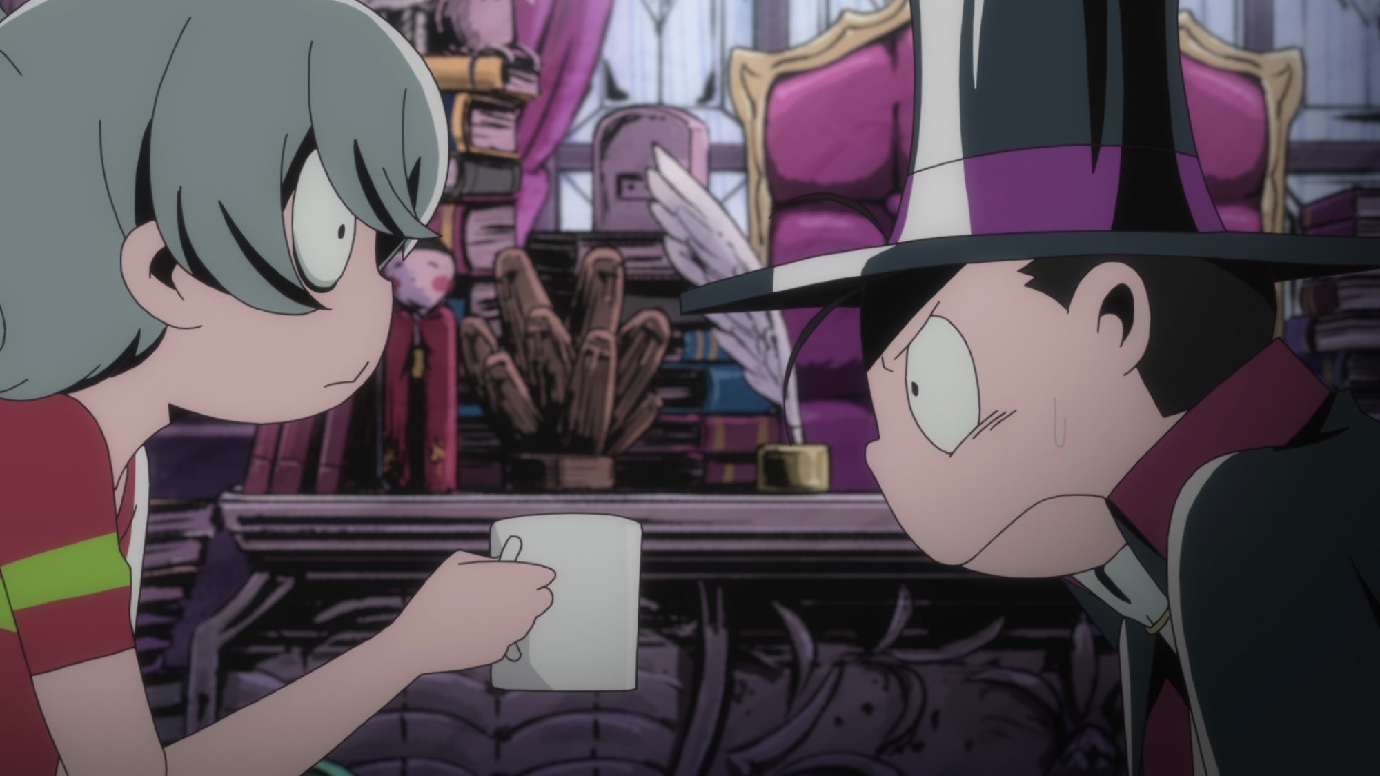 Two boys look at each other perplexedly, one holding a mug, the other wearing a top hat.