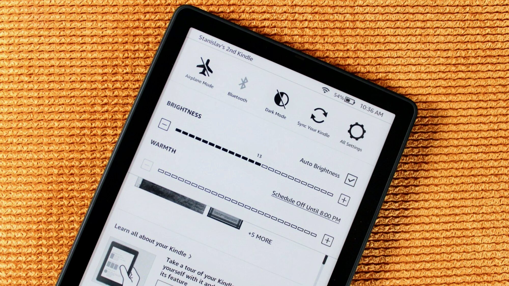 close-up view of the Kindle Paperwhite Signature edition settings screen