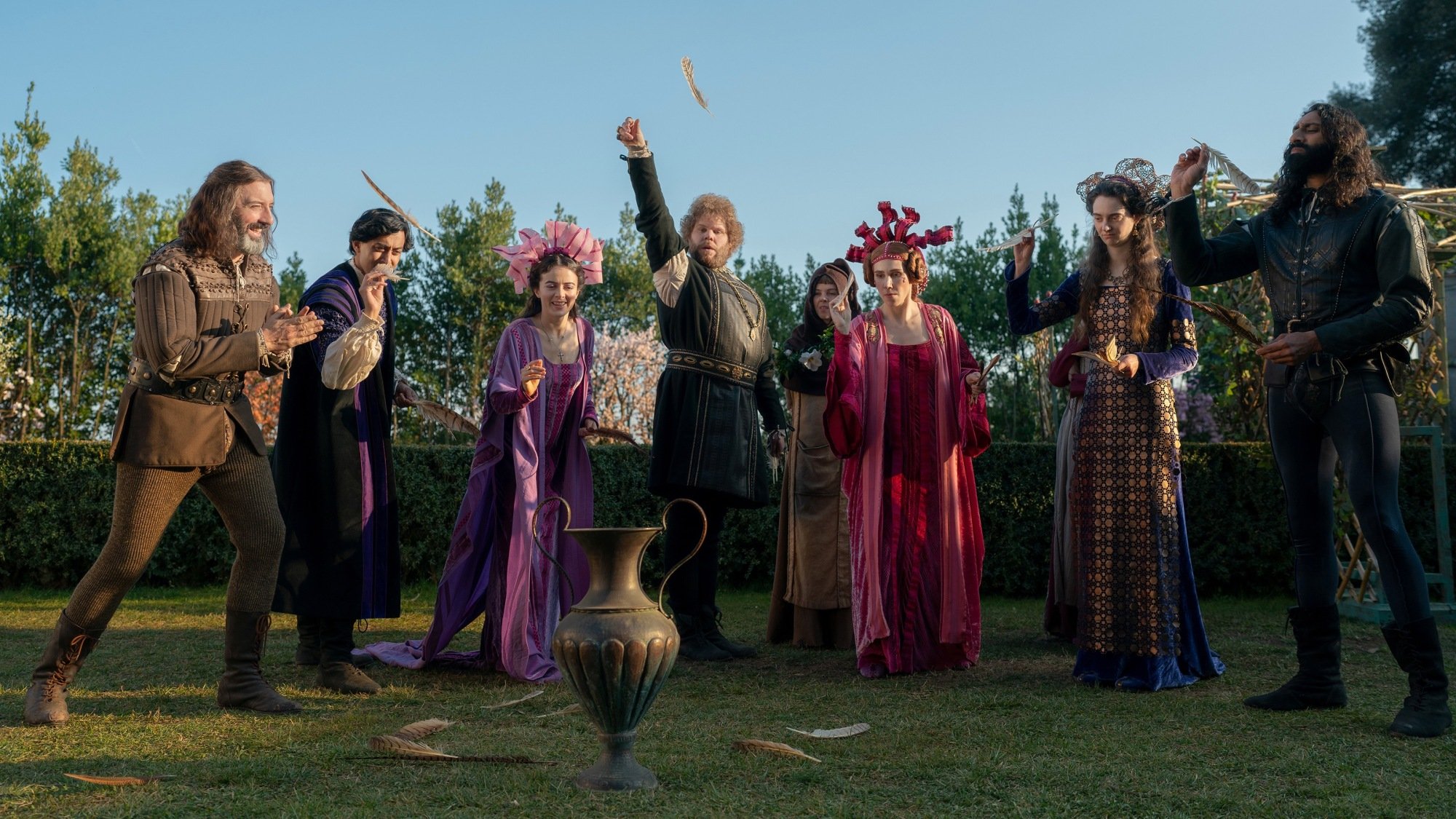 (L to R) Tony Hale as Sirisco, Karan Gill as Panfilo, Lou Gala as Neifile, Douggie McMeekin as Tindaro, Saoirse-Monica Jackson as Misia, Zosia Mamet as Pampinea, Tanya Reynolds as Licisca, and Amar Chadha-Patel as Dioneo.