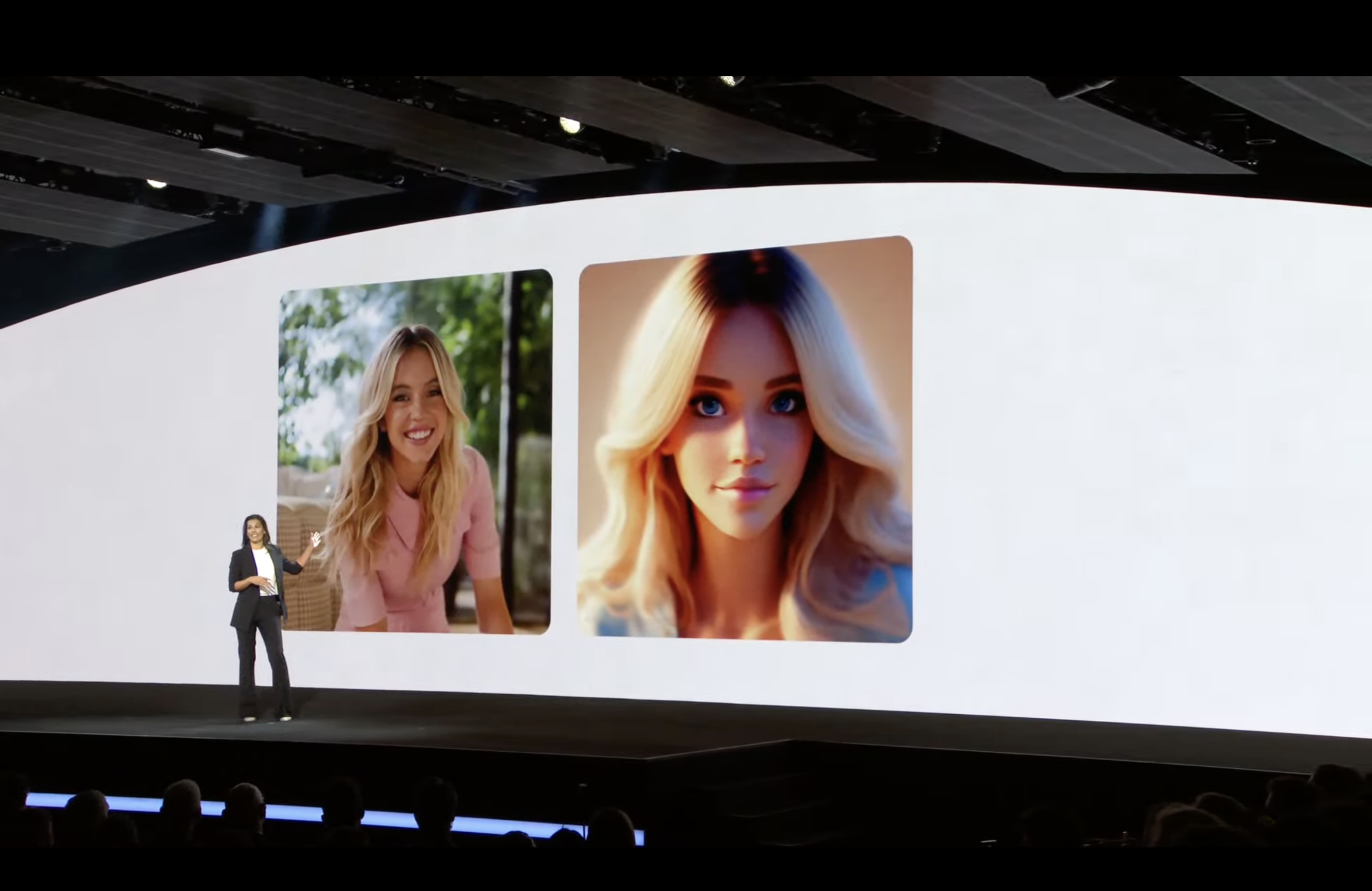 A presenter on stage shows two images on a large screen behind her: one of a smiling woman and another of the same woman in a stylized, animated form