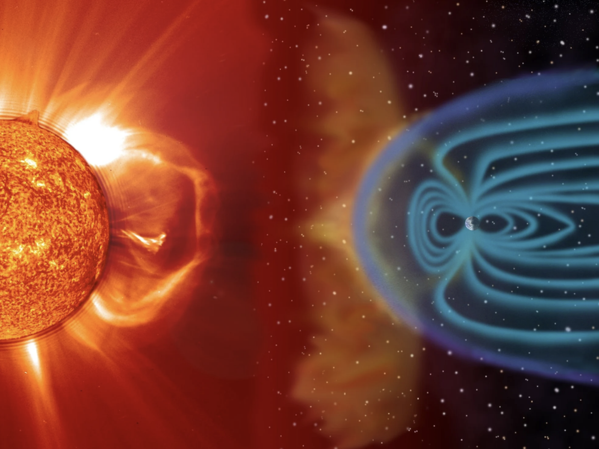 An image of a CME impacting an illustation of Earth's magnetic field, shown by the blue lines.