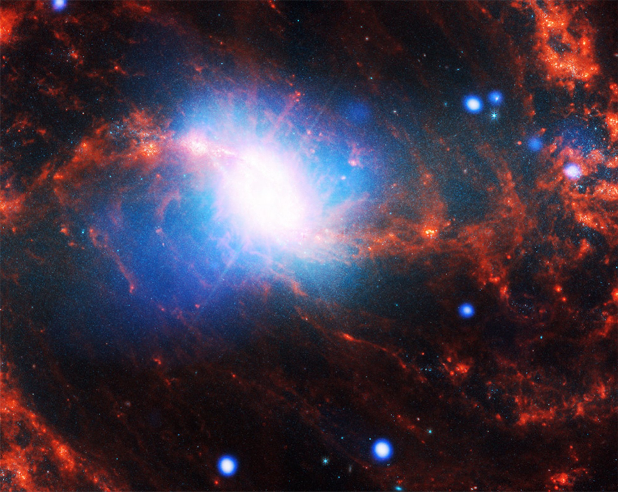 A space photo showing a spiral galaxy with a white and blue centre, and orange spirals.