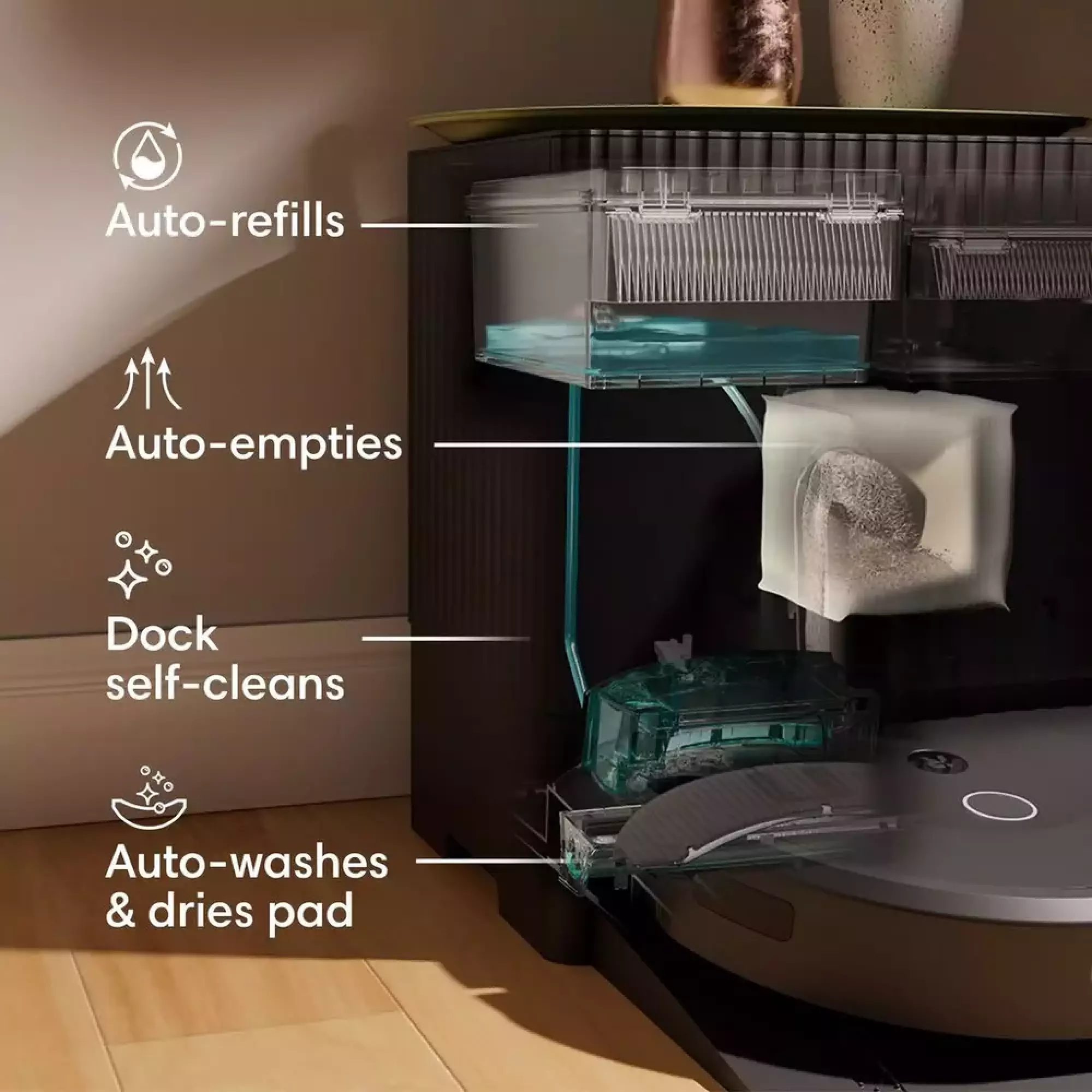 Visualization of interior of Roomba Combo 10 Max dock pointing out self-cleaning mechanisms