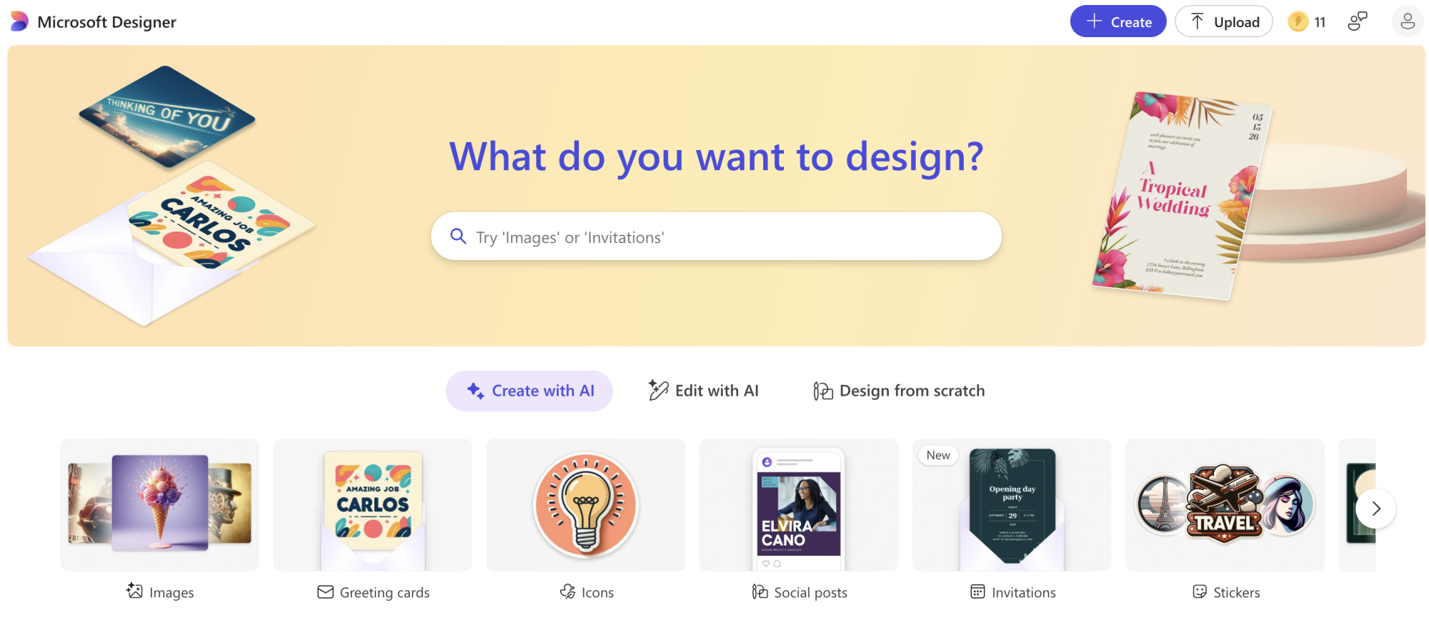 A screenshot of the Designer homepage.