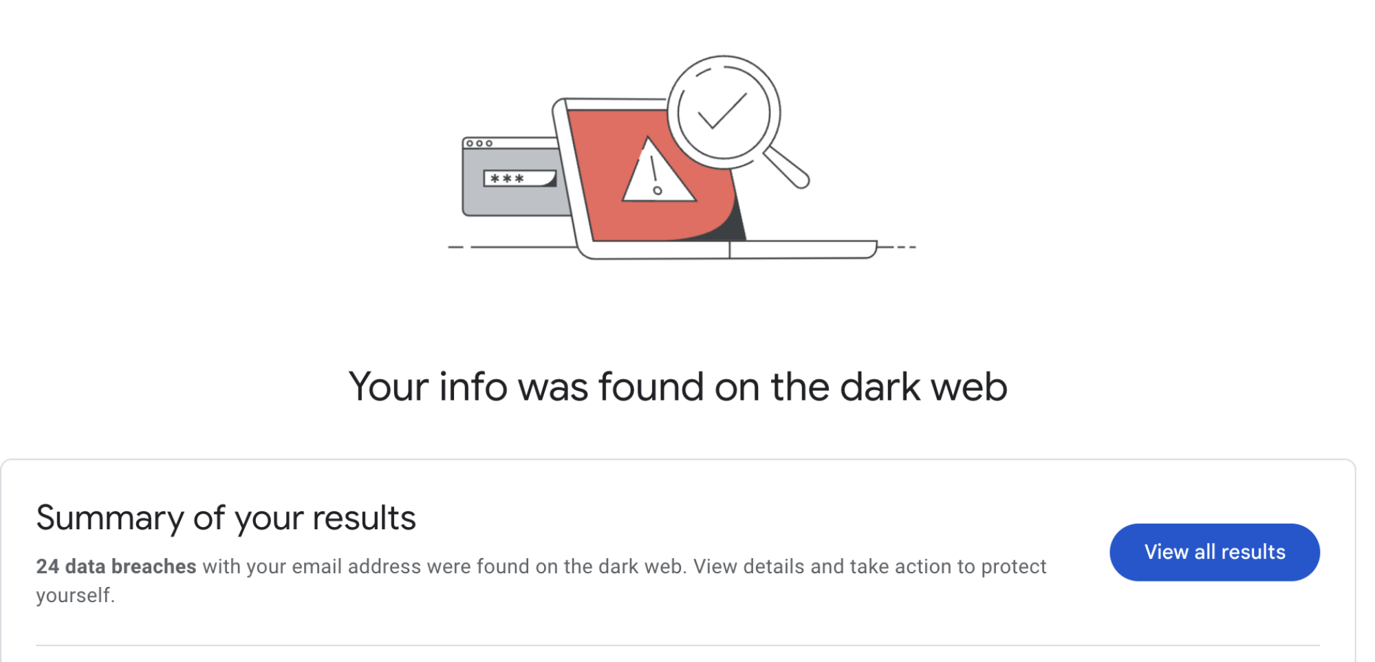 A page saying "Your info was found on the dark web"