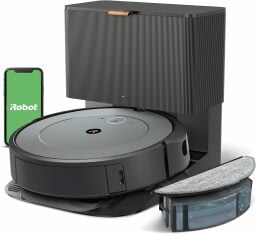 Roomba Combo i3+ robot vacuum, water tank, self-empty dock, and smartphone with green iRobot logo screen