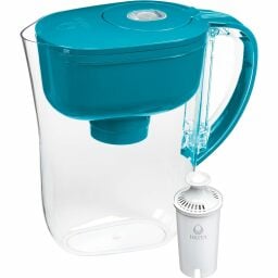 a turquoise birta metro water filter pitcher