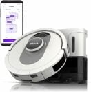 White Shark robot vacuum with self-empty dock and smartphone with home map on screen