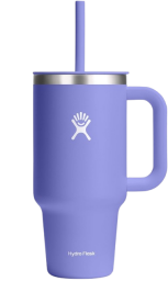 a purple hydro flask water bottle with straw