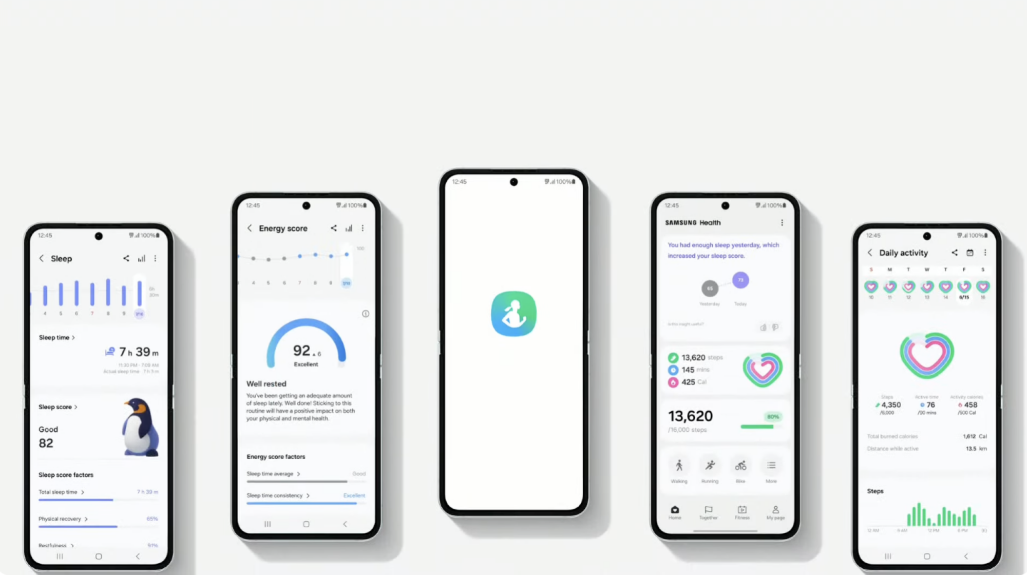 Four smartphone screens displaying various health and activity metrics. The screens show sleep data, an energy score of 92, a health app loading screen, and daily activity summaries, including steps and calories burned