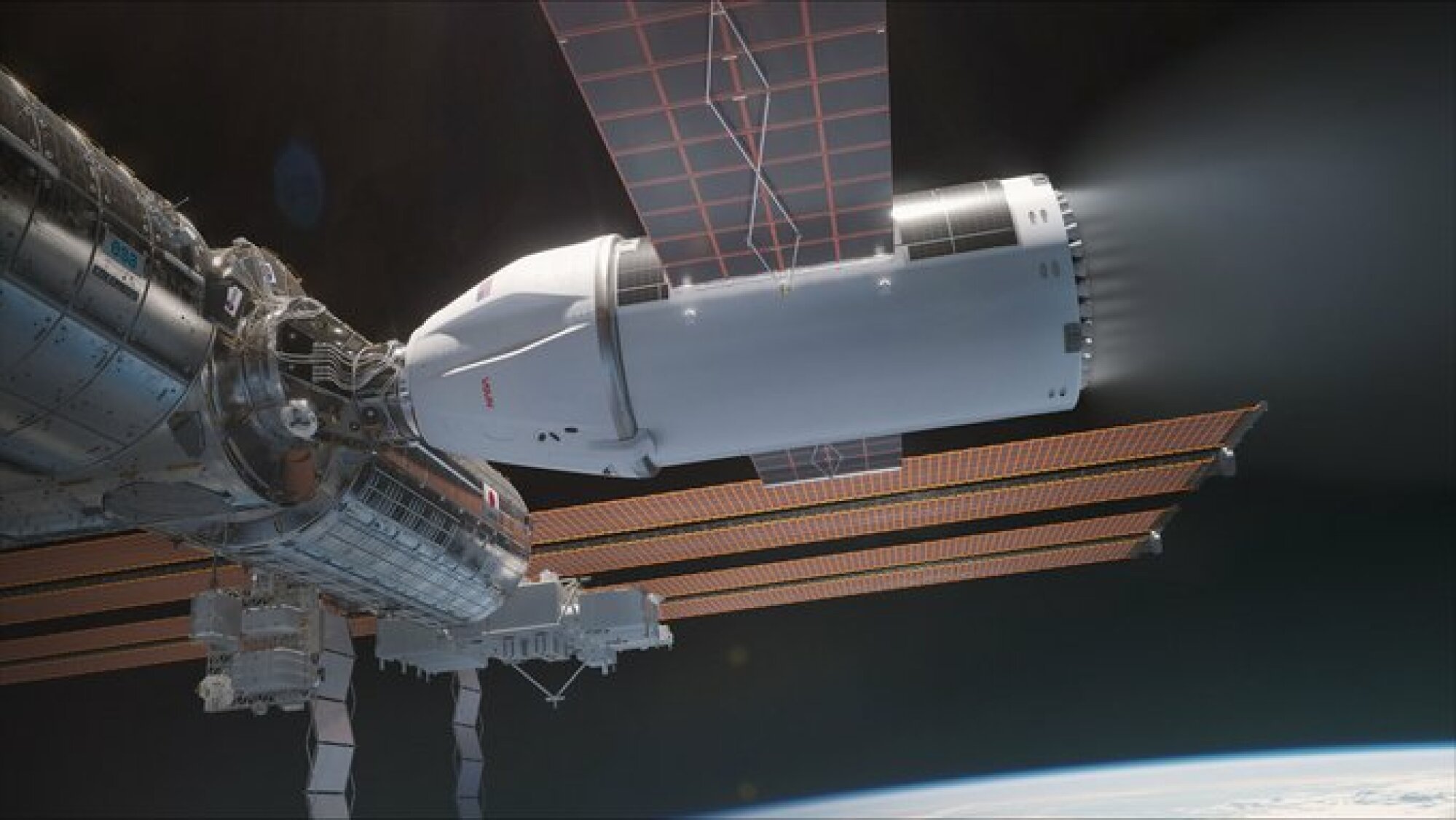 A graphic showing the SpaceX U.S. Deorbit Vehicle firing thrusters to move the International Space Station.