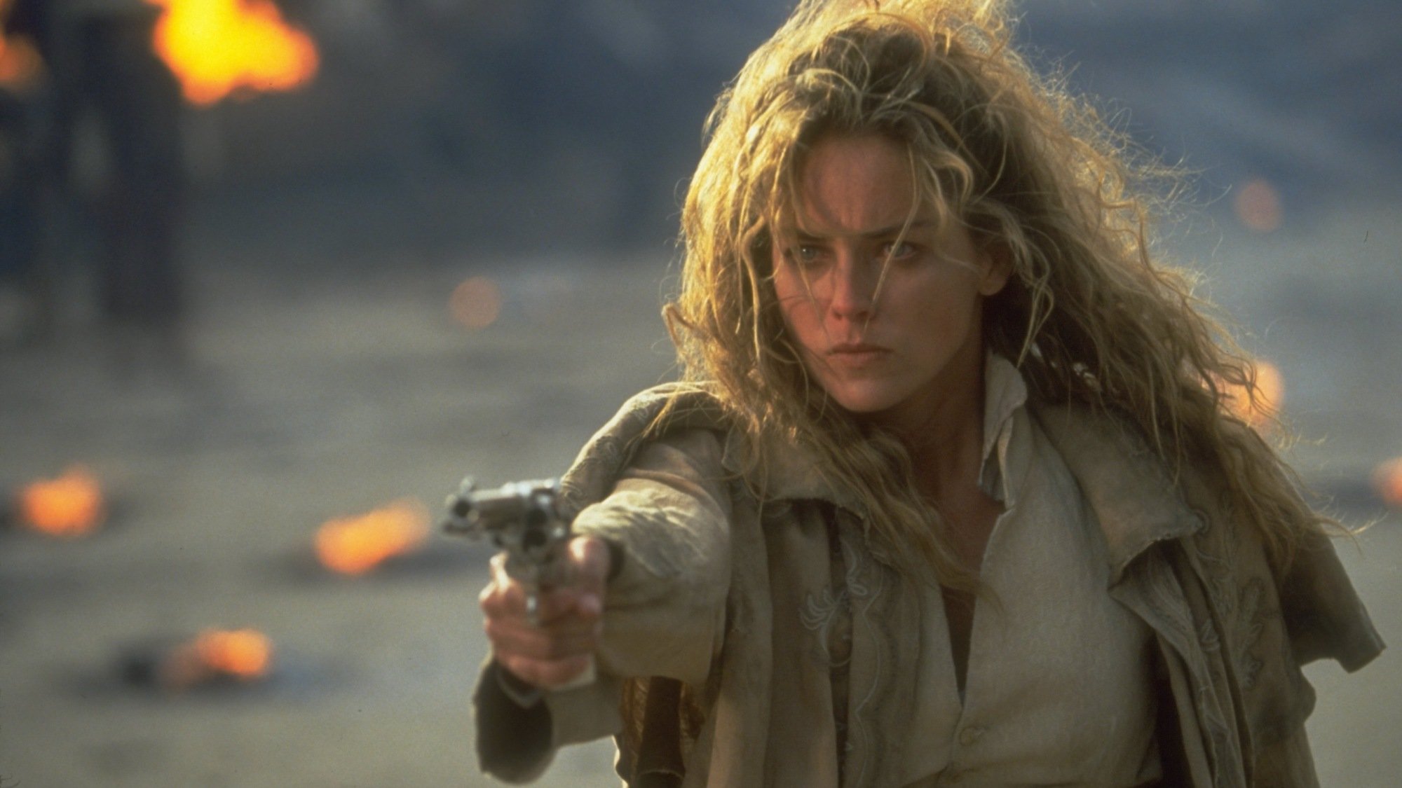 Sharon Stone raises her gun in "The Quick and the Dead."