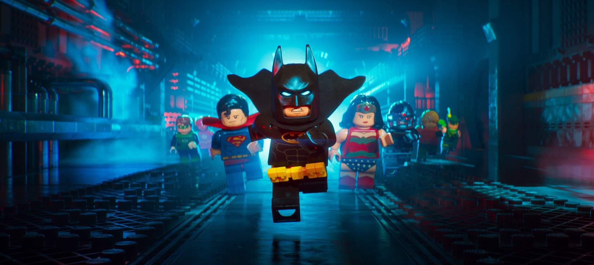 THE LEGO BATMAN MOVIE, from left: Green Lantern (voice: Jonah Hill, The Flash (voice: Adam Devine), Superman (voice: Channing Tatum), Batman (voice: Will Arnett), Wonder Woman, Cyborg, Aquaman, Green Arrow.