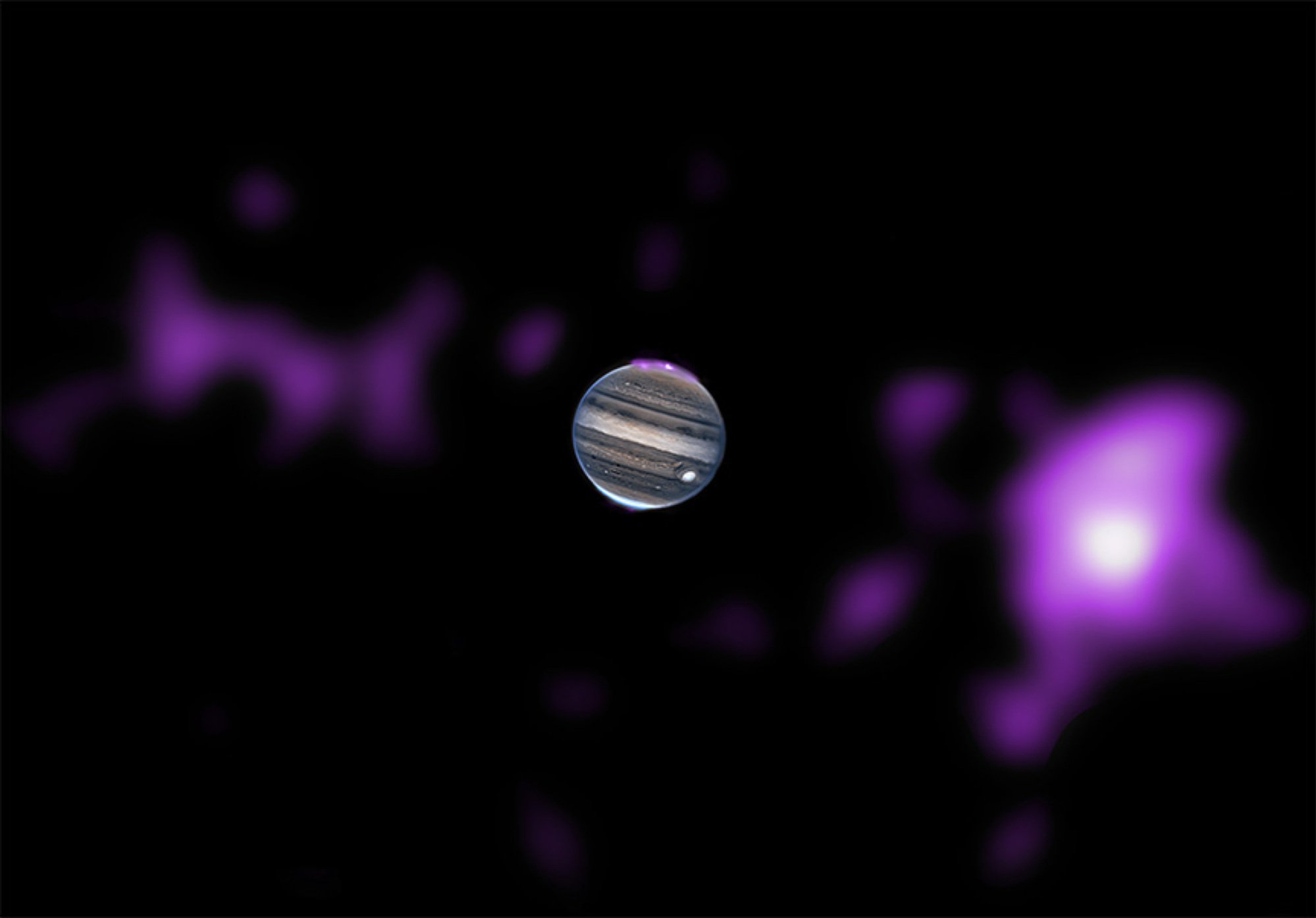 A space photo showing the planet Jupiter at the centre, with pulses of purple light emanating out from either side.